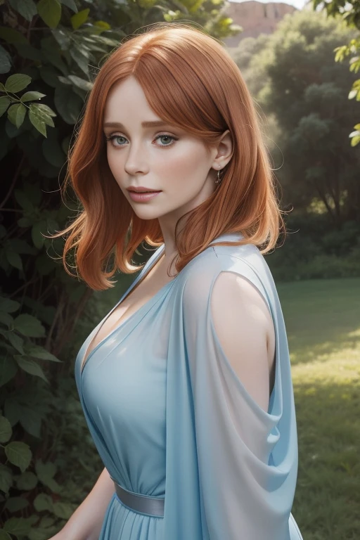 Bryce Dallas Howard as a beautiful pale woman in a light blue slit dress, Mangas compridas, roupas estilo grego, Transparent view, cabelos loiro e muito longos soltos ao vento, sensitive facial expression looking at the camera, Arquitetura grega como pano de fundo, Beautiful face looking at the camera, body curvy, Romantic outdoor scene