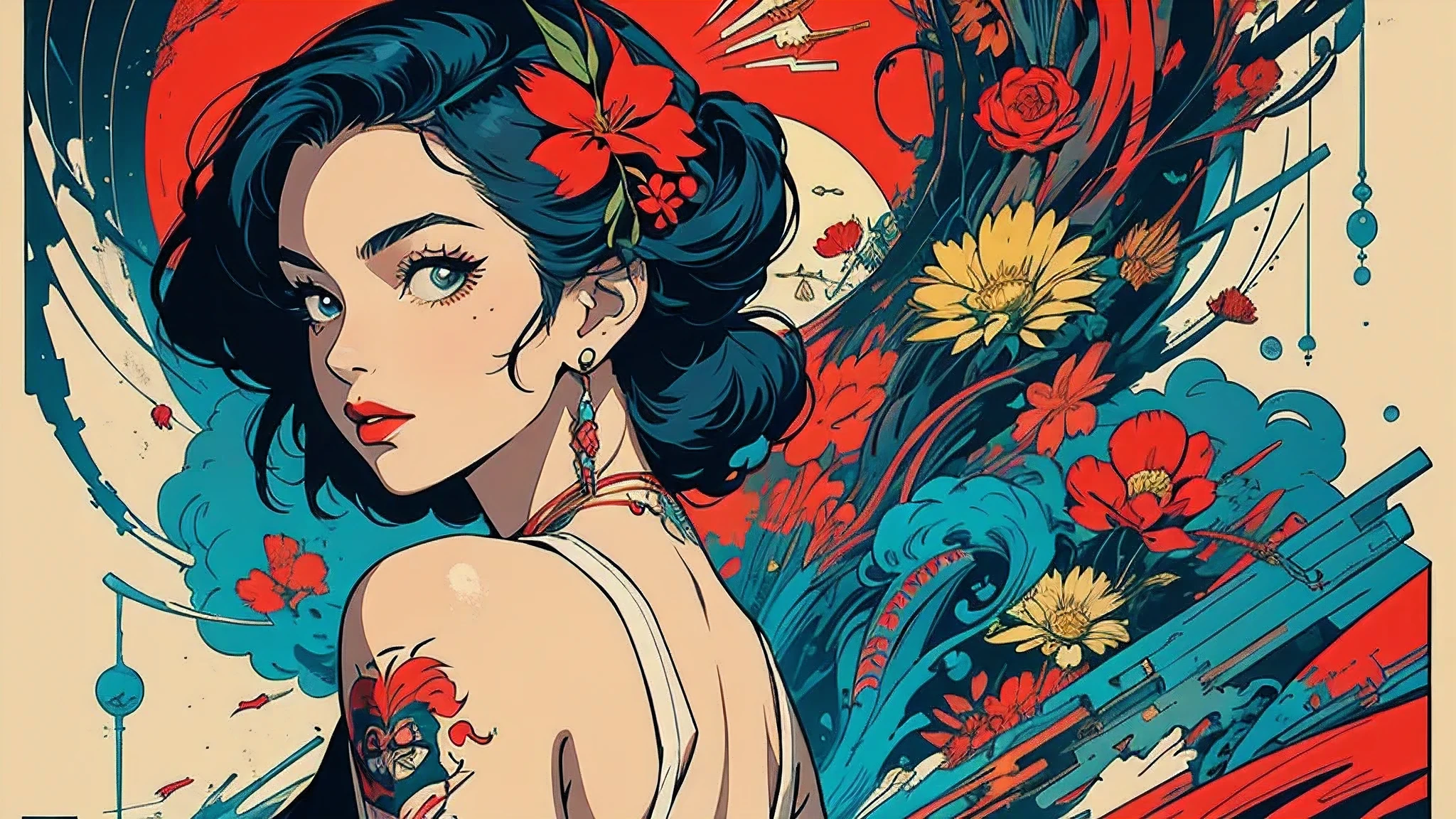 (Masterpiece, Best Quality),poster,abstract,movie poster,vintage,perfect lady,retro,anime,simple,retro,(((perfect one woman))),((background_complicate)),tattoo
