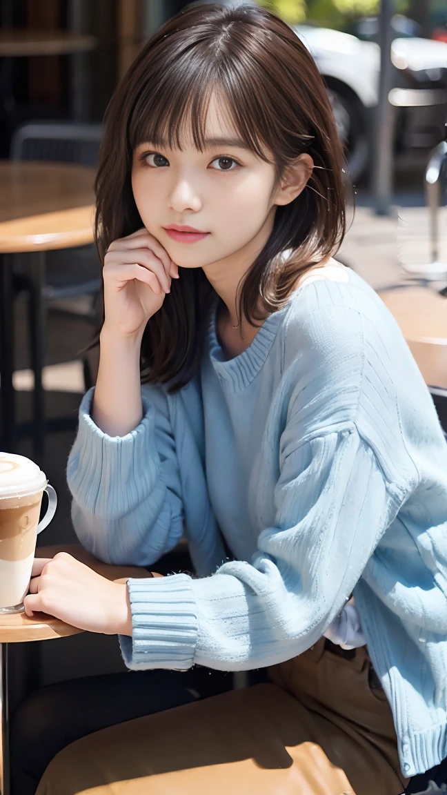 A 20-year-old woman sitting in a cafe in the city。She has short, wavy black hair with bangs.、has modern fashion。she was staring out the window、I have a latte in my hand。