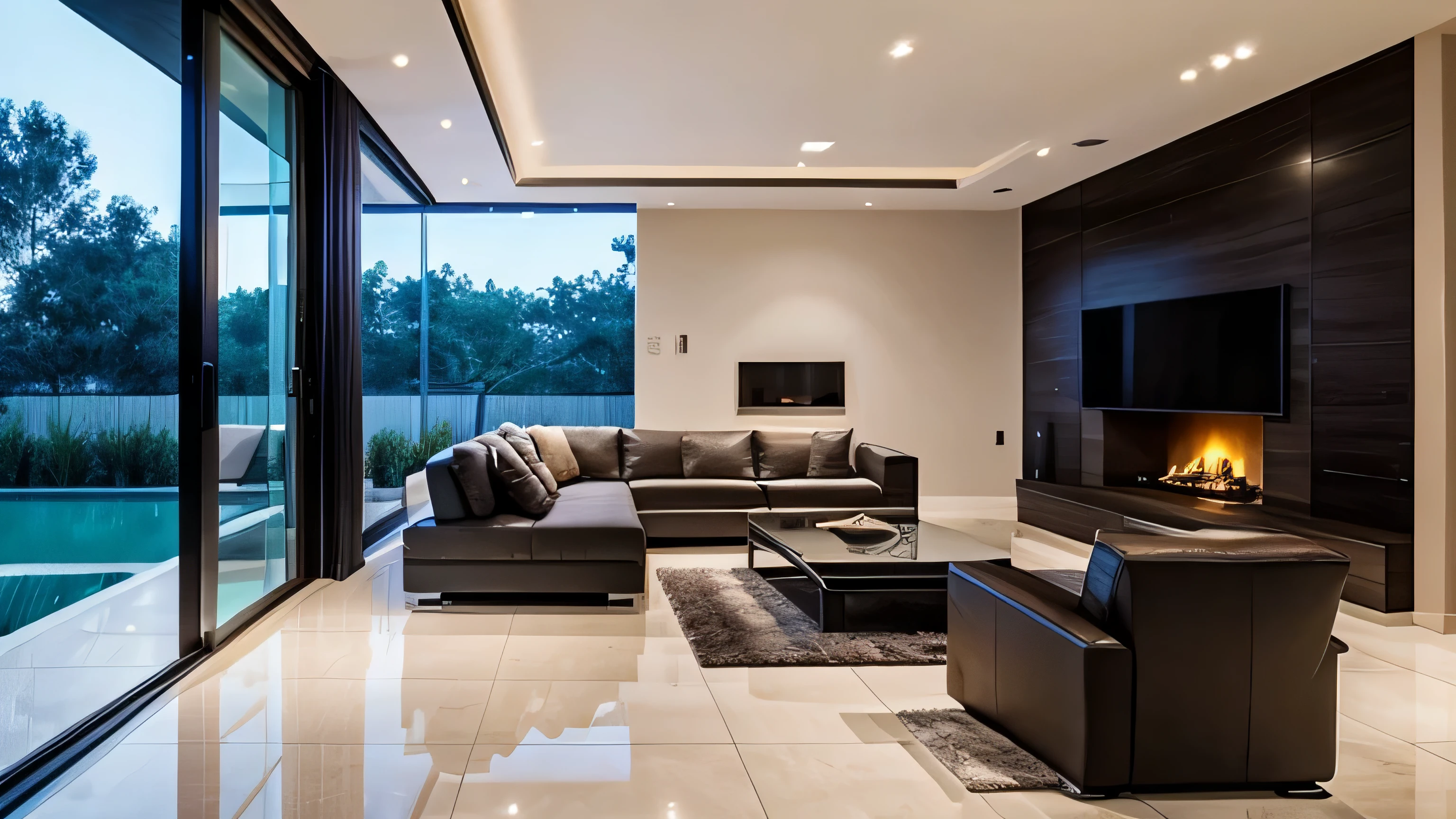 In the stillness of the night, an award-winning architectural render unfolds before you, showcasing a minimalist house bathed in moonlight. The contemporary and ultra-modern residence is a harmonious blend of sleek lines, large floor tiles, and wall tiles, reflecting the overall architectural design with its high-quality rendering and interdimensional floor plan. As you approach the architectural visualization, a sense of professionalism encapsulates you. The modern house, with its large floor tile and glass walls, seems to merge seamlessly with the surroundings, illuminated by the soft glow emanating from the rooms within. Observe the realistic view of the living room, where a single perspective