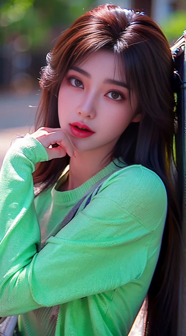 the girl with the green sweater, long hair is posing for a picture, in the style of xiaofei yue, distinctive noses, shiny/glossy, light black and light aquamarine, babycore, dark brown, bella kotak a girl with black hair sitting in a green sweatshirt, in the style of he jiaying, i can't believe how beautiful this is, shiny eyes, light white and light black, soft-edged 