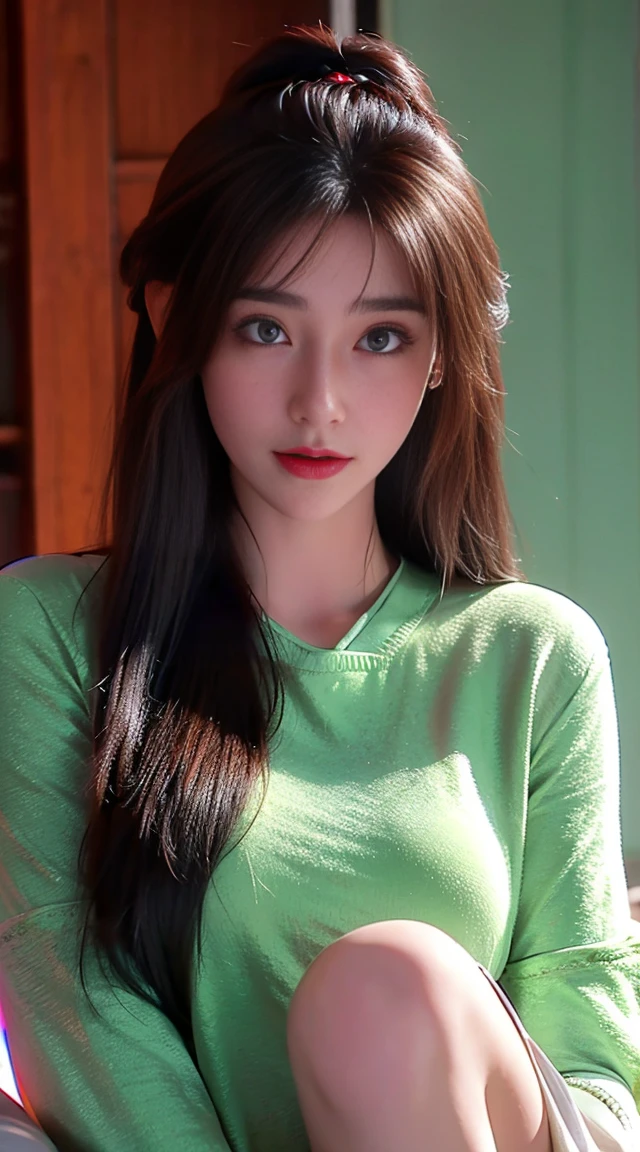 the girl with the green sweater, long hair is posing for a picture, in the style of xiaofei yue, distinctive noses, shiny/glossy, light black and light aquamarine, babycore, dark brown, bella kotak a girl with black hair sitting in a green sweatshirt, in the style of he jiaying, i can't believe how beautiful this is, shiny eyes, light white and light black, soft-edged