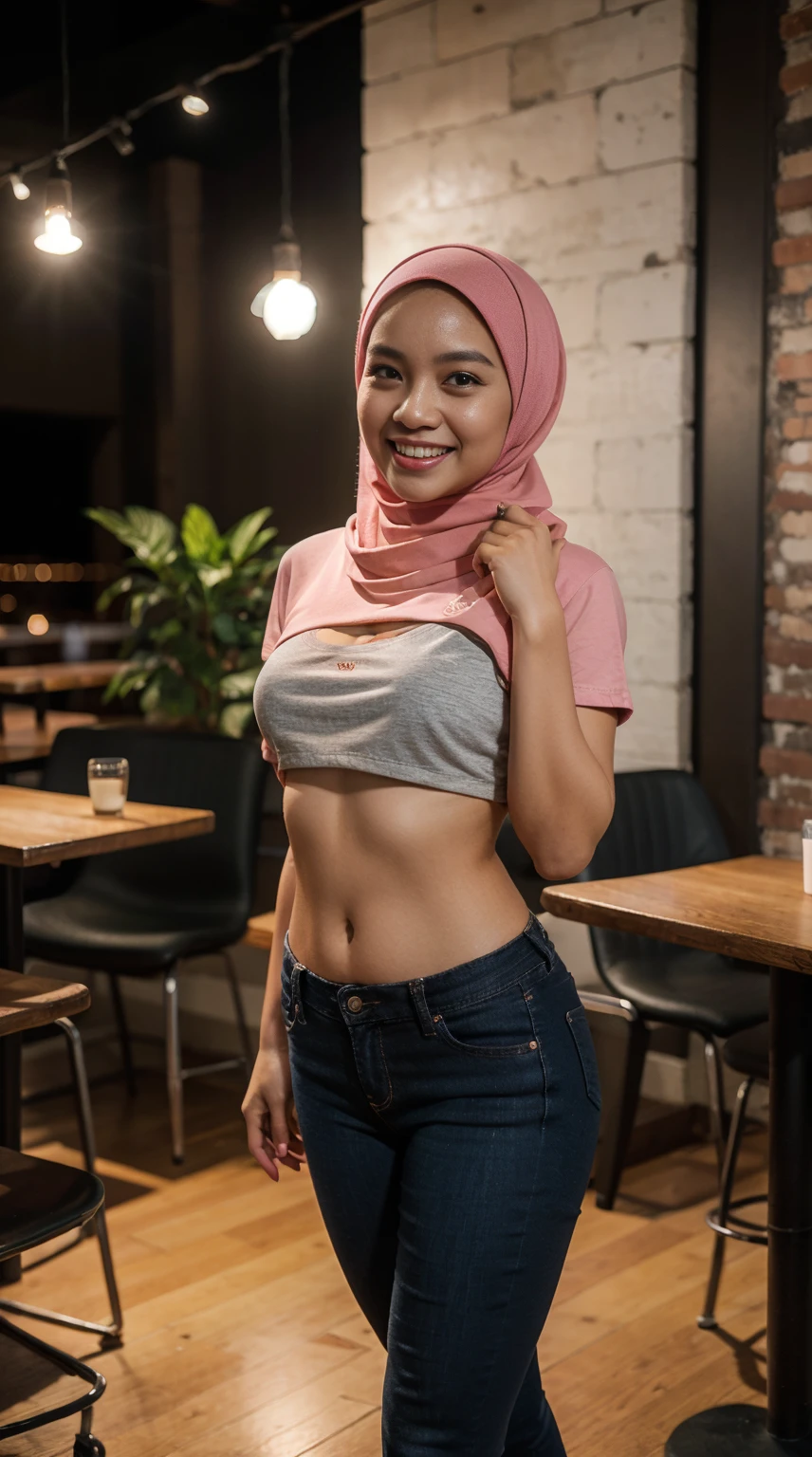 cute Malay girl with hijab seating in hipster cafe, happy, smiling, nighttime,wearing T-Shirt,wearing black jeans,large pink sneakers, soft professional lighting, blur background, cool ambient, bokeh, small breast, small waist, small head, short body, wide hips, thick thighs, thick leg, small head,