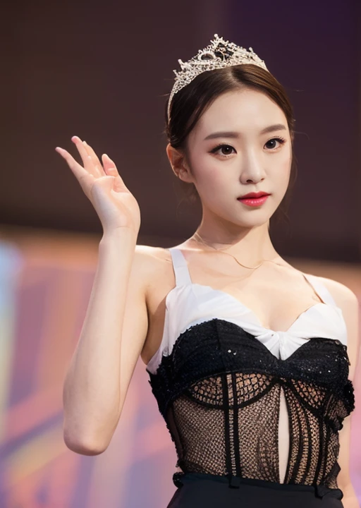 ballerina costume、Transparent、Take the stage、Posing、raise your hand、open chest、Nothing is worn inside、full body shot、A woman with the same face as last time(misaki)，４Ｋ、１people&#39;s women、slender、 Loose wavy styling 、seductive and attractive,Including face and skin texture，detailed eyes、a seductive look