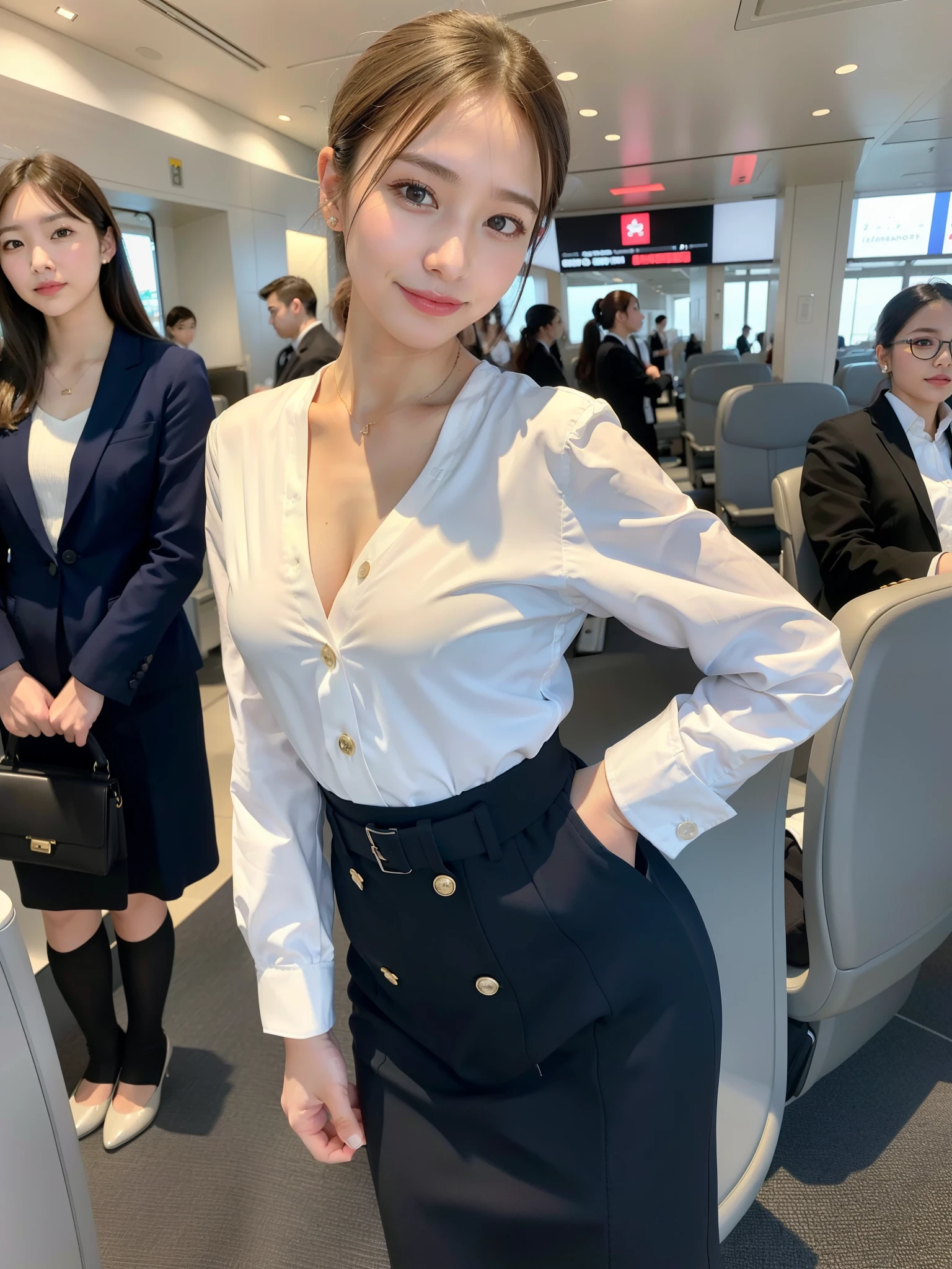 ((Best of the highest quality, 8k, Masterpiece: 1.3, raw photo)), Sharp focus: 1.2, (1 AESPA girl: 1.1), (Solo: 1.18), (realistic, photo-realistic:1.37), face focus, cute face, (Small breasts, flat chest, Thigh: 1.3), short messy hair, updo, (Beautiful flight attendant in the seat of the plane,Super beautiful,perfect bodies,Meticulous beautiful flight attendant outfit), standing, airport, terminal