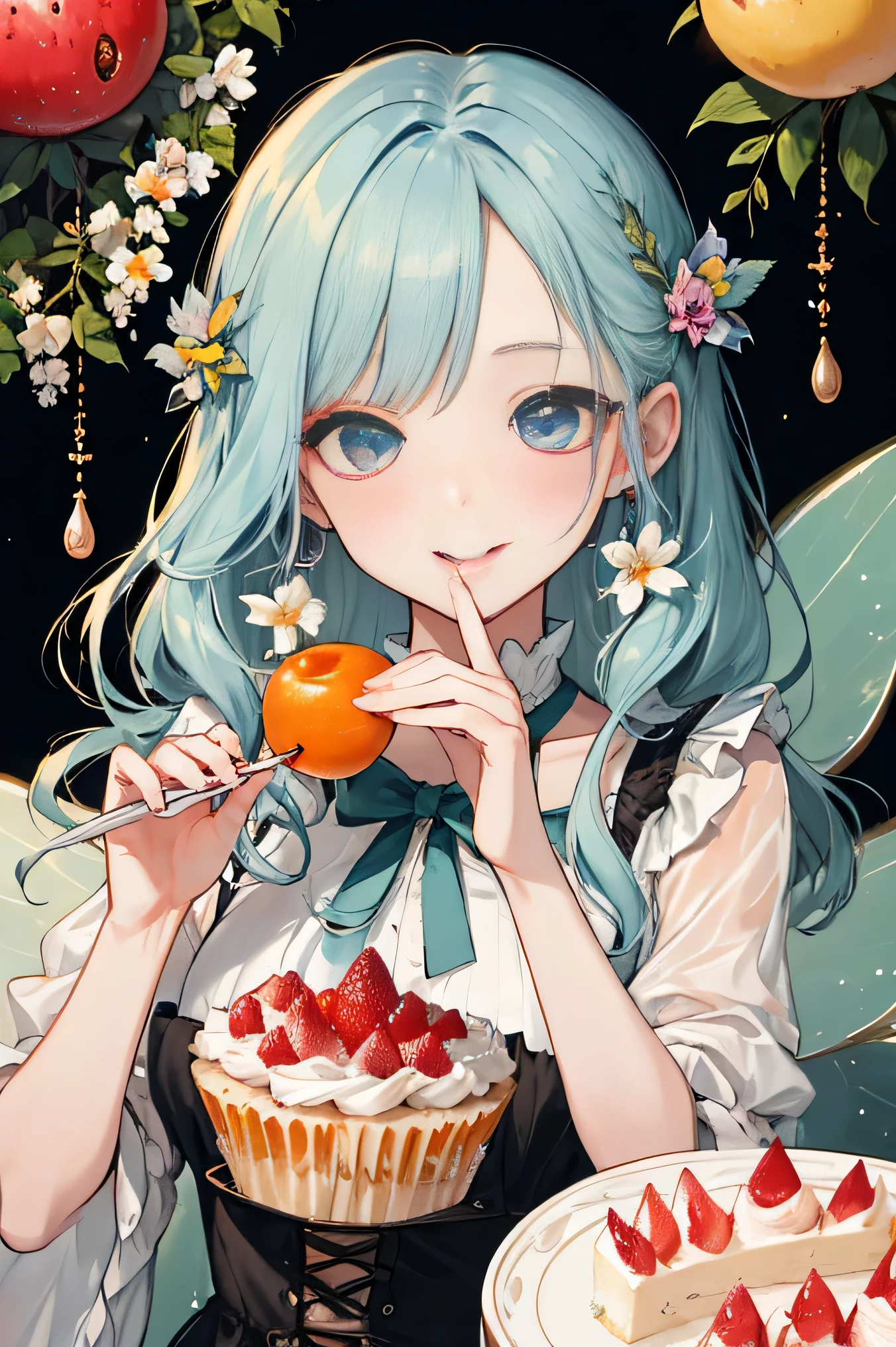 highest quality、High resolution、8K、cute beauty、detailed background、beautiful and detailed face、beautiful and smooth skin、skin texture、Little Fairy、、(three fairies)、fruit and food costumes、fruit and candy costume、Gives a colorful and cute impression。they happily eat cakes and sweets.