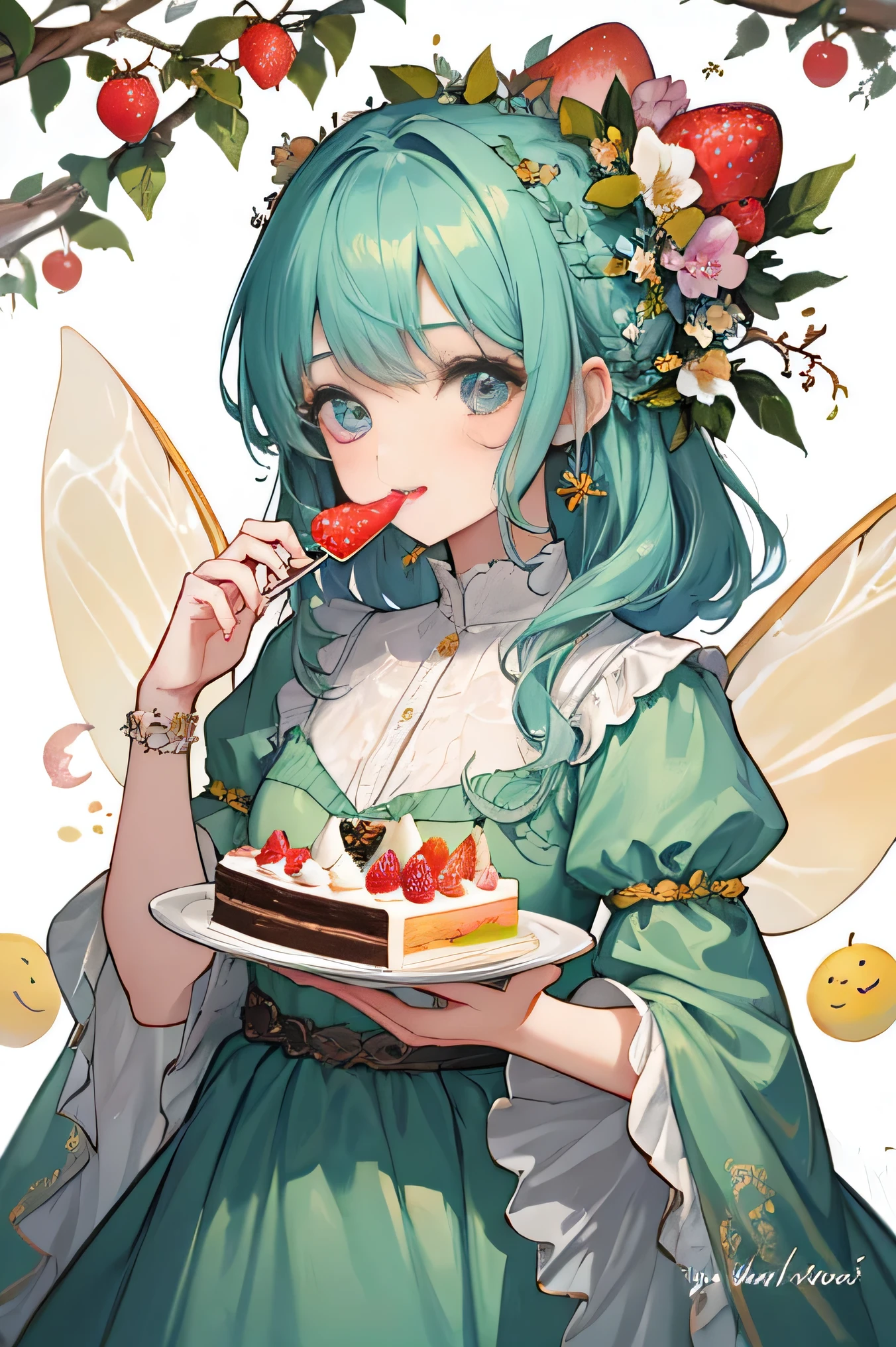 highest quality、High resolution、8K、cute beauty、detailed background、beautiful and detailed face、beautiful and smooth skin、skin texture、 Fairy、、(three fairies)、fruit and food costumes、fruit and candy costume、Gives a colorful and cute impression。they happily eat cakes and sweets.