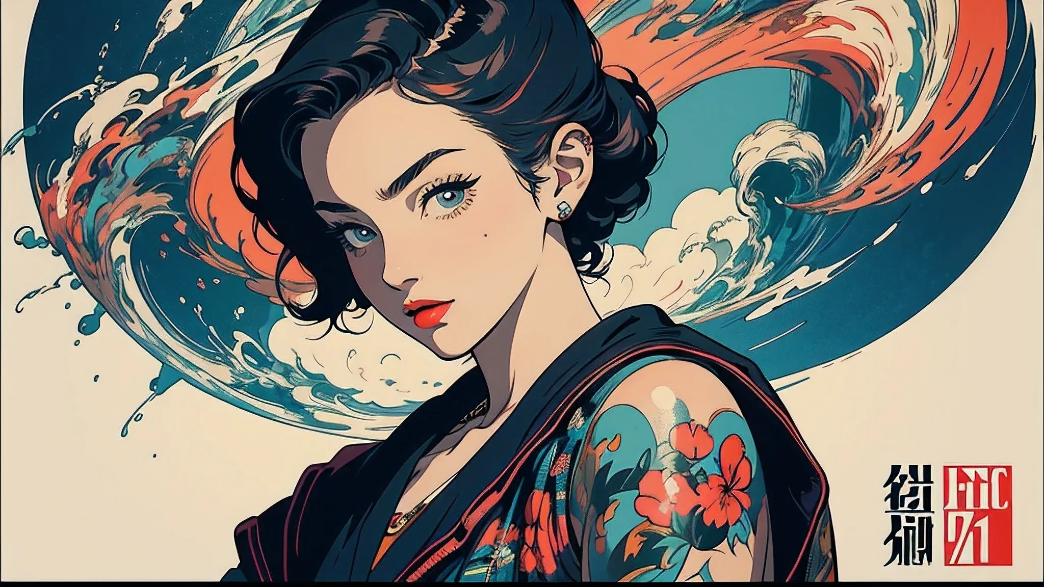 (Masterpiece, Best Quality),poster,abstract,movie poster,vintage,perfect lady,retro,anime,simple,retro,(((perfect one woman))),((background_complicate)),tattoo