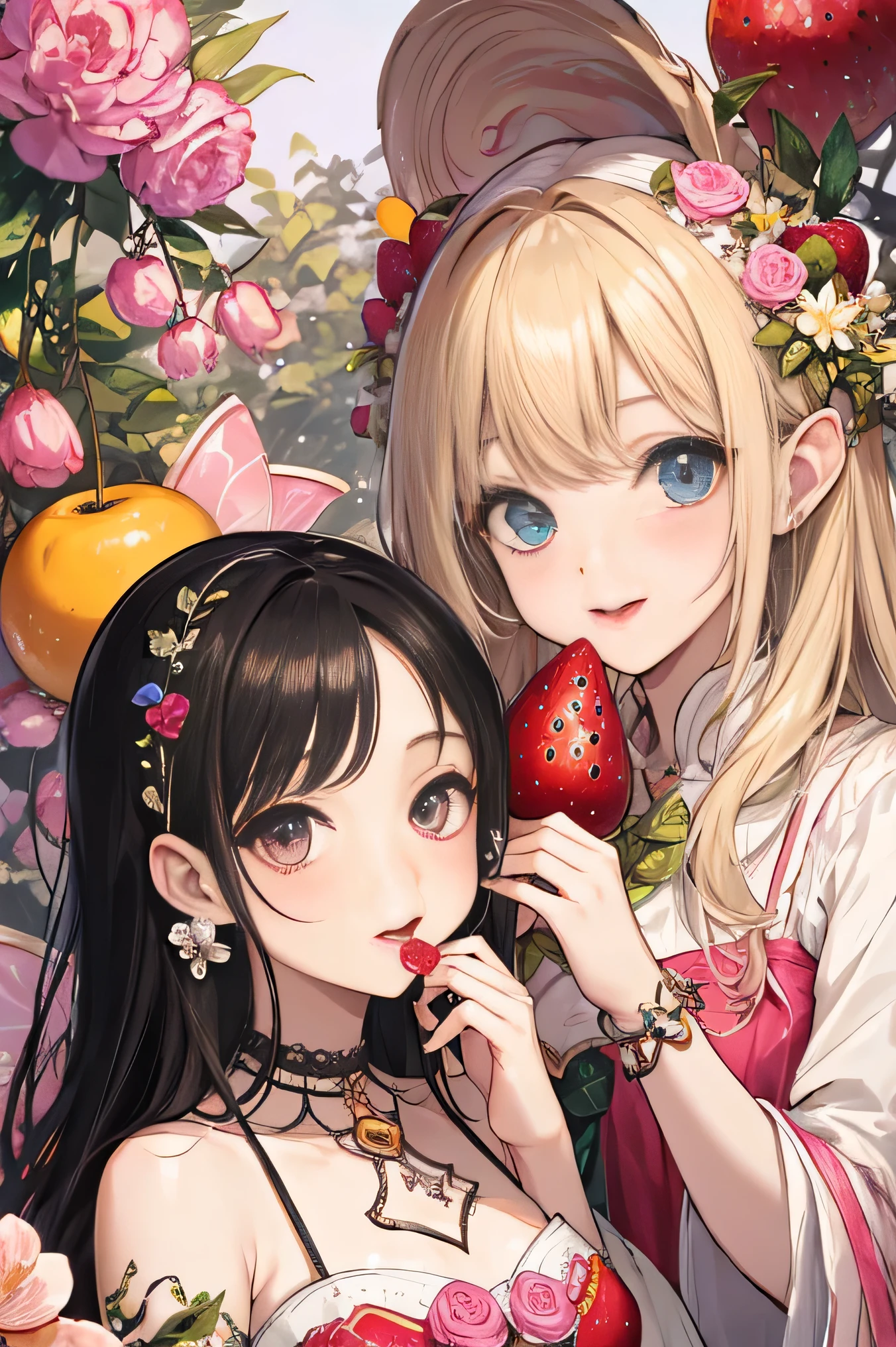 highest quality、High resolution、8K、cute beauty、detailed background、beautiful and detailed face、beautiful and smooth skin、skin texture、 Fairy、、(three fairies)、fruit and food costumes、fruit and candy costume、Gives a colorful and cute impression。they happily eat cakes and sweets.