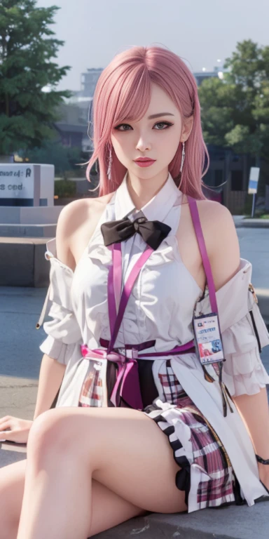 araffe sitting on a ledge with a pink hair and a white shirt, anime girl cosplay, anime style mixed with fujifilm, anime cosplay, from final fantasy xiii, cosplay photo, sakimichan, anime girl in real life, cosplay, ayaka cosplay, haruno sakura, from arknights, sakimichan frank franzzeta, cosplayer