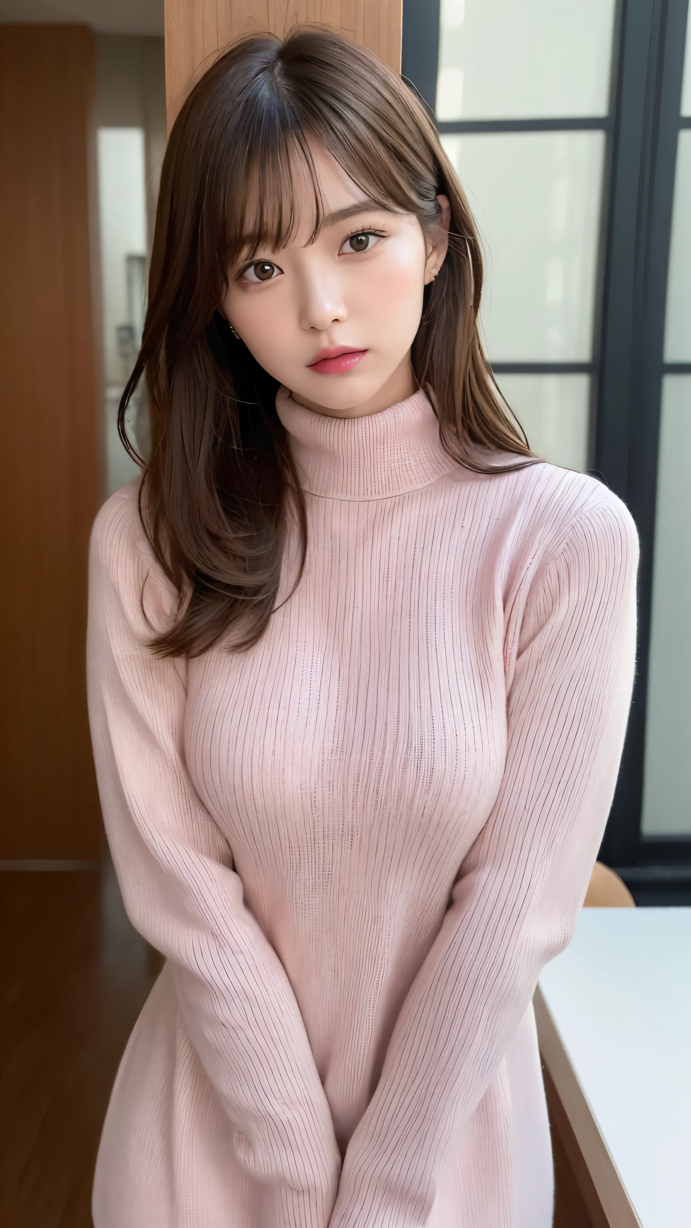 (((NSFW)))、(masterpiece:1.5)、(realistic:1.5)、(highest quality:1.4、8K、RAW photo)、 ultra high resolution、professional lighting、perfect dynamic composition、Shot indoors、 film grain、chromatic aberration、(Bokeh:1.1)、 Frank、Sophisticated、charm、超realistic、high detail、golden ratio、 (1 girl)、slender girl、繊細でcharm女の子、cute woman:1.4、 serious expression、looking at the viewer、sculpture installation、leaning against the wall、light brown hair、shining hair、Hair style is ponytail、 skin that looks real、 close your mouth、fine eyes、double eyelid、thin arms、、 (She is wearing a pink turtleneck ribbed sweater dress.:1.3)、(show thighs)