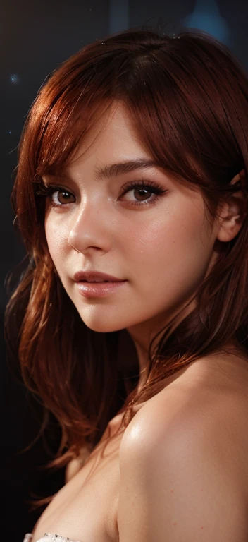 1girl, star eye, blush, perfect illumination, red hair, greyes, unreal engine, sidelighting, detailed face, bangs, bright skin, simple background, dark background,