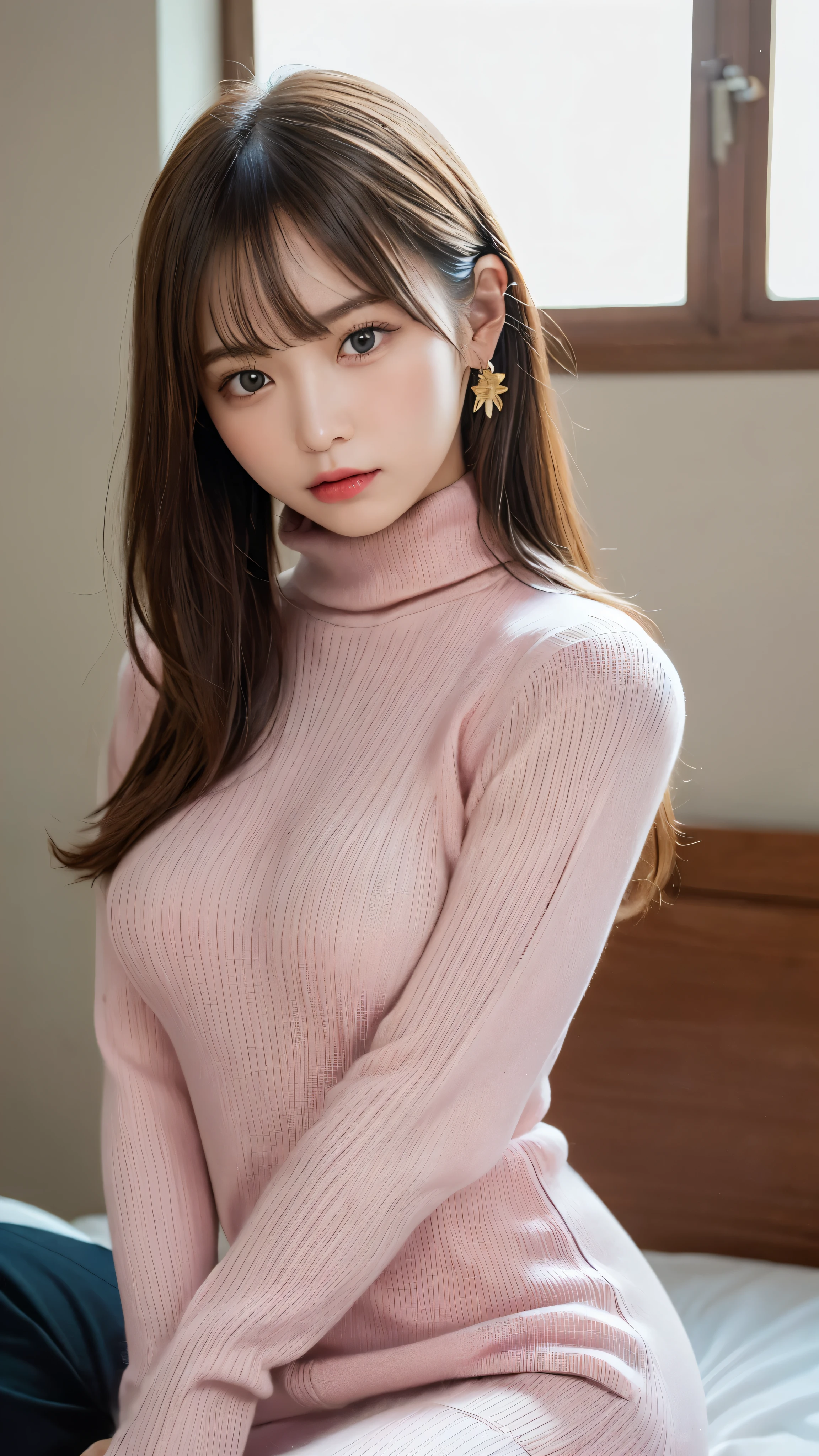 (((NSFW)))、(masterpiece:1.5)、(realistic:1.5)、(highest quality:1.4、8K、RAW photo)、 ultra high resolution、professional lighting、perfect dynamic composition、Shot indoors、 film grain、chromatic aberration、(Bokeh:1.1)、 Frank、Sophisticated、charm、超realistic、high detail、golden ratio、 (1 girl)、slender girl、繊細でcharm女の子、cute woman:1.4、 serious expression、looking at the viewer、sculpture installation、put your hand on your waist、sitting on the bed、light brown hair、shining hair、Hair style is ponytail、 skin that looks real、 close your mouth、fine eyes、double eyelid、thin arms、、 (She is wearing a pink turtleneck ribbed sweater dress.:1.3)、(show thighs)