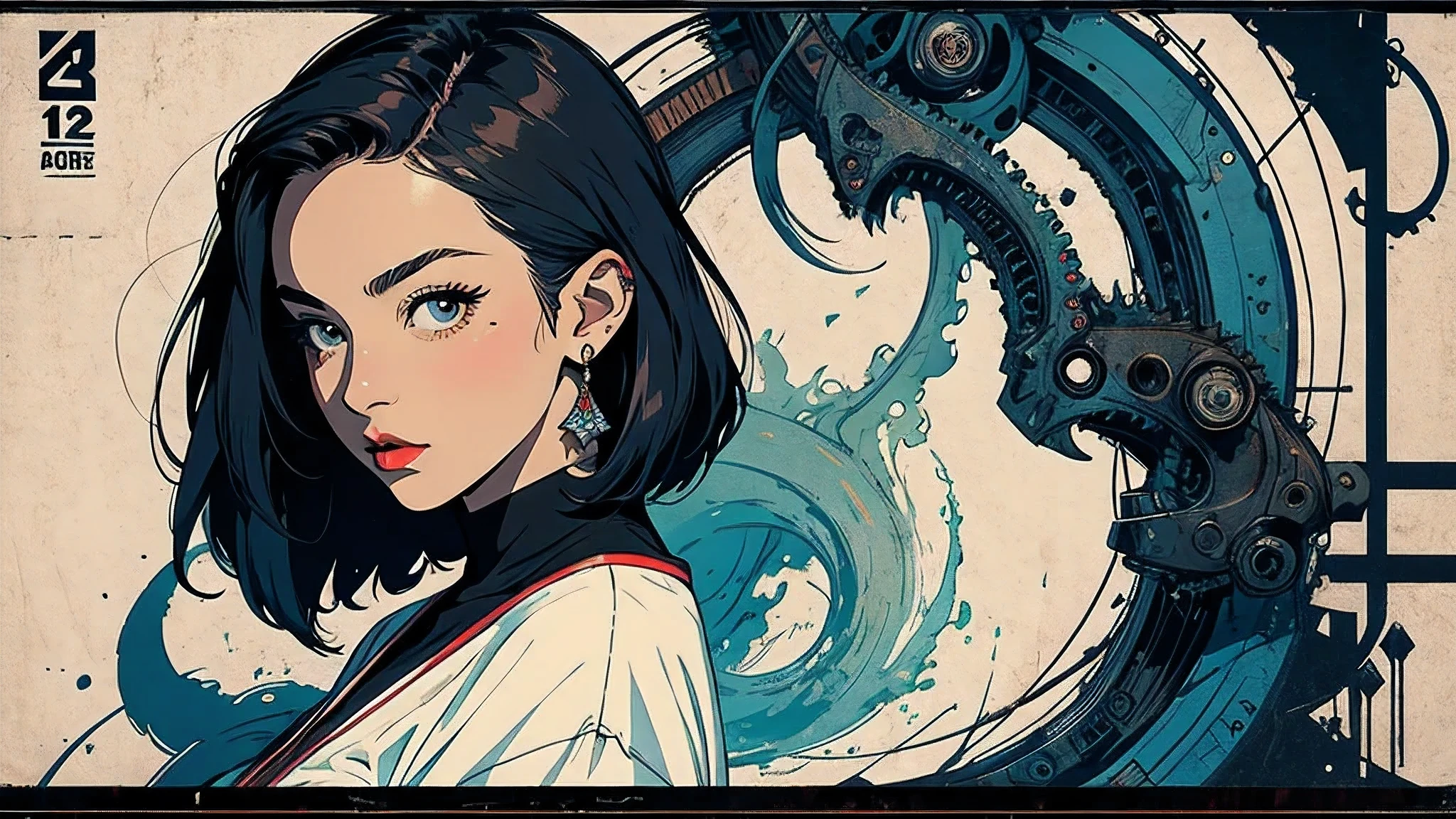 (Masterpiece, Best Quality),poster,abstract,movie poster,vintage,perfect lady,retro,anime,simple,retro,(((perfect one woman))),((background_complicate)),tattoo