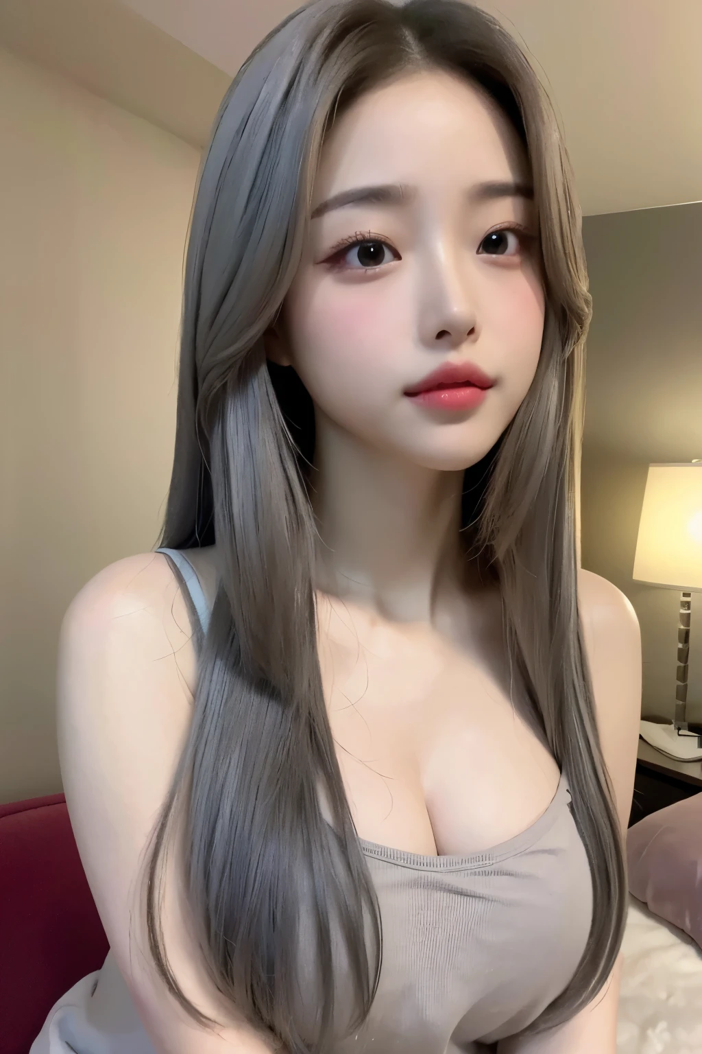 realistic, High resolution, 1 female, glowing skin, alone, wide lips,long hair,straight hair,saggy breasts,small face,Gray color hair,Color Contacts,camisole,room,up angle,暗いroomに照明,K-pop Idol