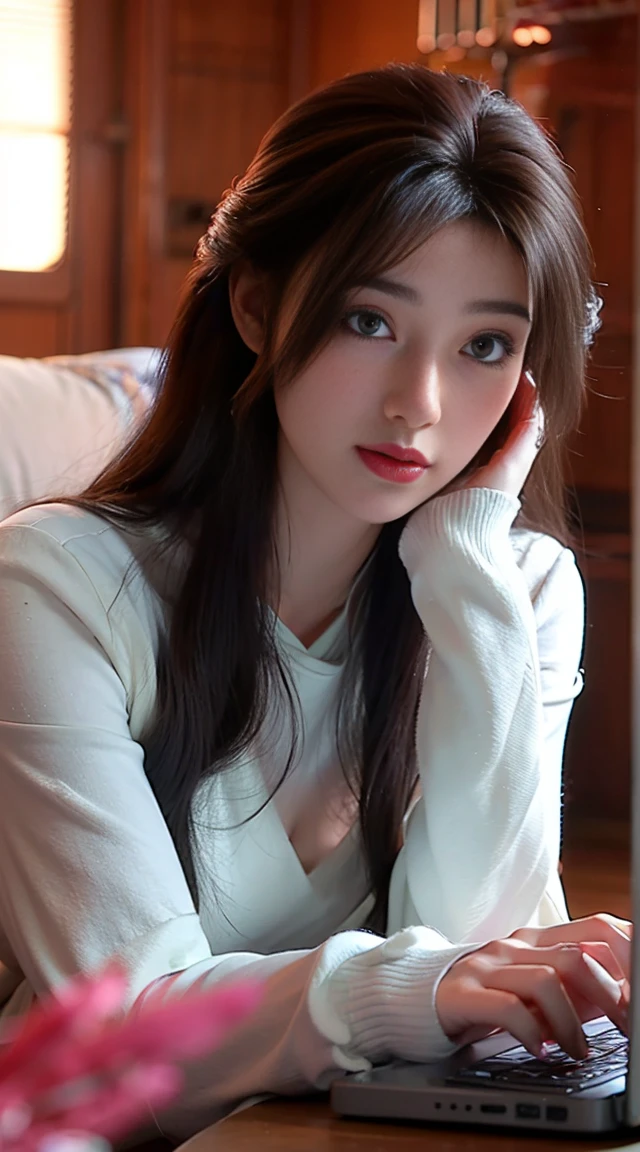 asian girl wearing a white sweatshirt and black jacket, in the style of light emerald and light black, precise and lifelike, subtle shading, webcam, chinapunk, shiny eyes, soft, romantic scenes the girl is wearing a green sweater, in the style of gongbi, exaggerated facial features, 32k uhd, fairycore, shiny eyes, matte photo, sleek