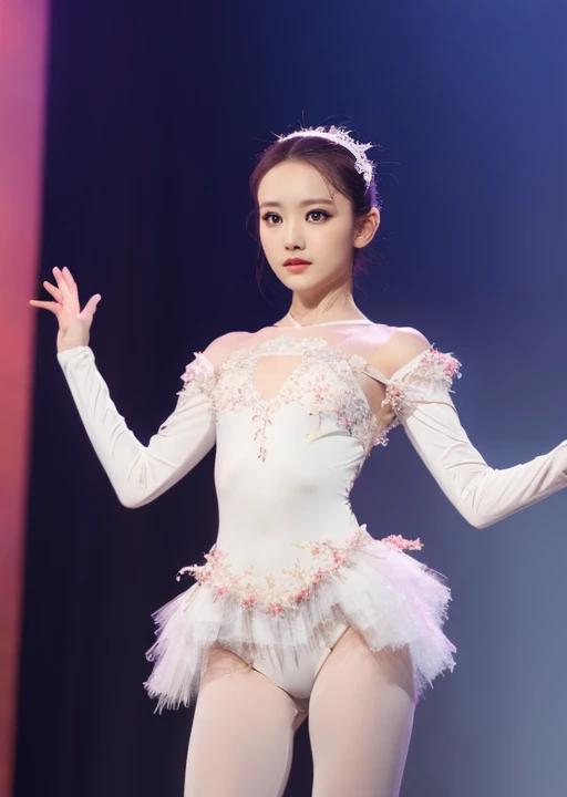 ballerina costume、Transparent、Take the stage、Posing、raise your hand、open chest、Nothing is worn inside、full body shot、A woman with the same face as last time(misaki)，４Ｋ、１people&#39;s women、slender、 Loose wavy styling 、seductive and attractive,Including face and skin texture，detailed eyes、a seductive look