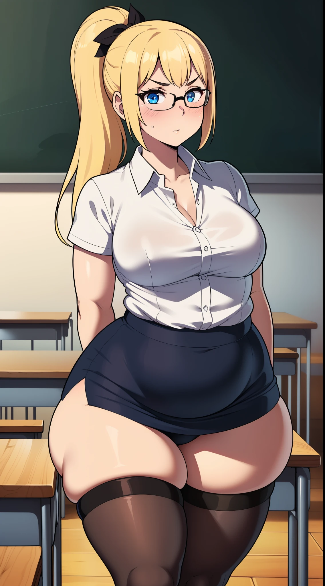 ((highres)),Masterpiece, high quality, best quality, beautiful, perfect lighting, detailed face, ultra cute face, ((1girl)), ((solo), long blonde hair, ponytail, blue eyes, glasses, ((blush)), nervous, masochist, looking at viewer, arms crossed, standing in a classroom, (classroom), daytime, dress shirt, pencil skirt, ((thigh highs)), (((wide hips))), (((thick thighs))), ((chubby)), medium breasts, perky breasts, 24 year old female,