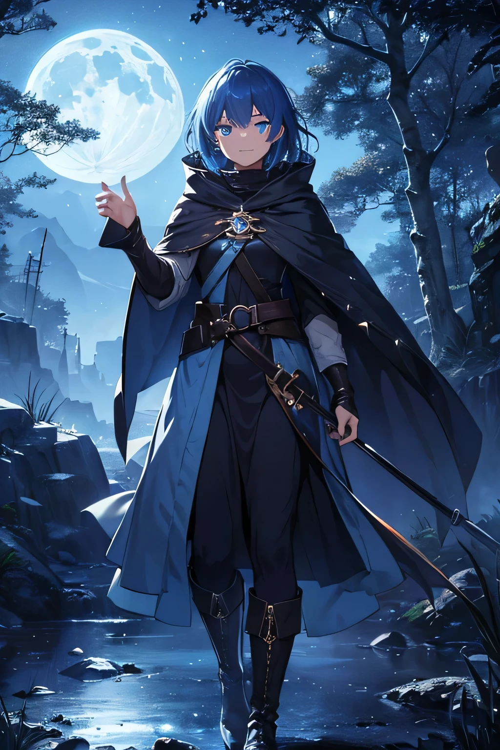 (High resolution, 4K, super detailed, masterpiece:1.2),cowboy shot (no hat:1.5),1 androgynous girl, unisex, shining blue eyes, Blue Medium Hair, Traveler's attire, long Leather boots, hood up, cloak, flowing dress, grin and laugh, dynamic pose, break, Moonlight, deep night, At night, astrology stone tower, dark forest, dark fantasy, horror, dramatic lighting, quiet solitude, enchanting beauty