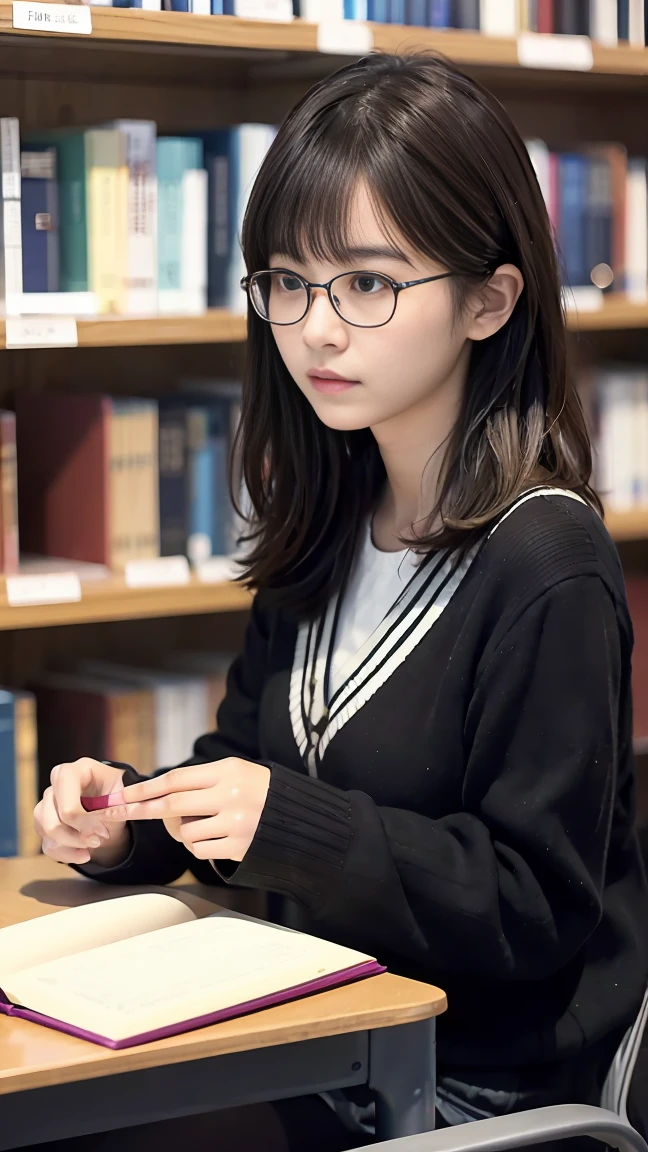 Scene of a 20-year-old woman studying in a library。Her short black wavy hair has bangs、wearing glasses and concentrating。There are books and laptops around.、Have a calm look。