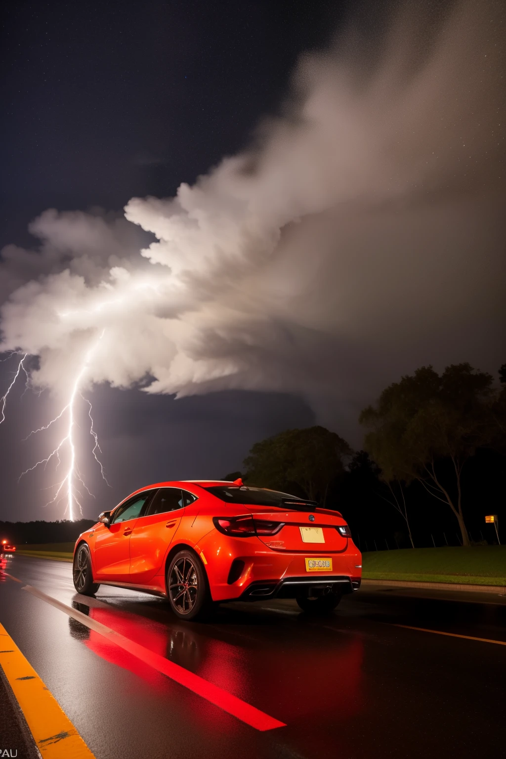 A dramatic scene unfolds as a lightning strike illuminates the night sky, its brilliant flash cutting down a towering tree behind an automobile. The tree, once a symbol of strength and stability, now lies shattered and obstructing the path ahead. The car's headlights illuminate the chaotic scene, casting long, ominous shadows on the wet pavement. The sudden and unexpected obstruction creates a sense of danger and uncertainty, as the driver is forced to assess the situation and find an alternate route. This stunning and intricately detailed painting, masterfully crafted by the brush of Alberto Seveso, captures the raw power of nature's fury, while utilizing a loose painting style to