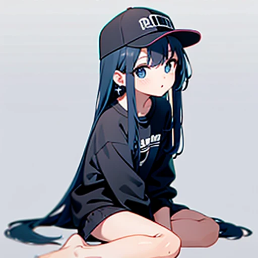 8k,Highest image quality,Super high resolution, best aesthetics, Highest quality depiction of feet, put on a jacket, wearing a baseball cap, Black and blue hair on the back, flat avatar,  Anime visuals of cute girls, cute art style, Little,  long hair,, I&#39;m shy, laughter, hair ornaments, simple background, earrings, gem, side lock, large oval eyes,