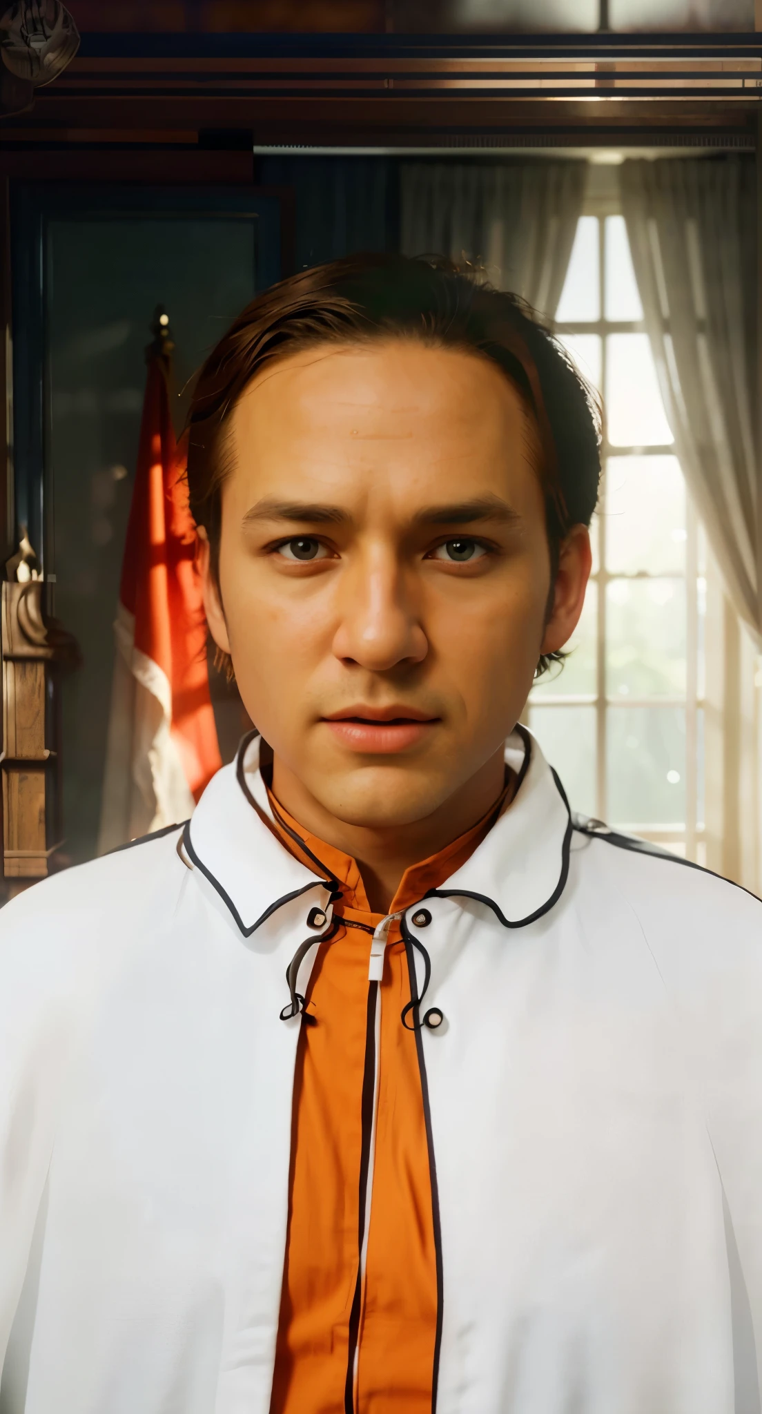 Real life adaption of this character, handsome man,wear realistic same outfit, wear orange shirt with white cloak that has collar, realistic same background,realism, hyper realistic, realistic light, realistic shadow,(photorealistic 1:2)