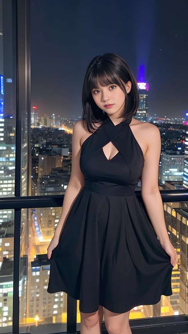 A 20-year-old woman standing with a night view of the city in the background。her short black wavy hair with bangs、wearing a stylish dress、Looks like he's enjoying the vibrancy of the city at night.。