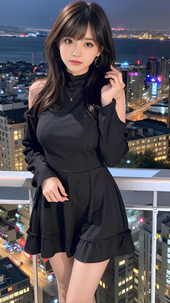 A 20-year-old woman standing with a night view of the city in the background。her short black wavy hair with bangs、wearing a stylish dress、Looks like he's enjoying the vibrancy of the city at night.。
