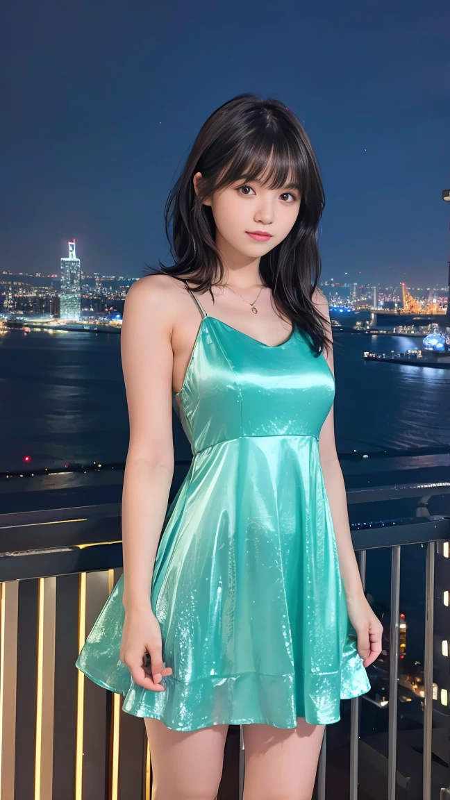 A 20-year-old woman standing with a night view of the city in the background。her short black wavy hair with bangs、wearing a stylish dress、Looks like he's enjoying the vibrancy of the city at night.。