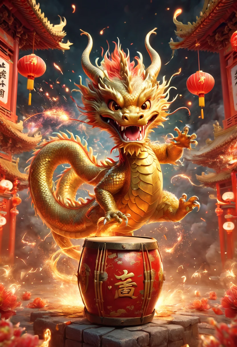 llustrate a single, cute, anthropomorphic Chinese golden dragon using its claws to vigorously play a large drum, which is decorated with the Chinese character \u798f (Fu) for fortune. The background should depict a festive and joyous Chinese New Year atmosphere, complete with traditional Chinese architecture, fireworks, firecrackers, lanterns, and Spring Festival couplets. Focus on the dynamic movement of the golden dragon playing the drums, capturing its joyful and delighted facial expression，卡通片, (皮克斯风格), 日本动画片, (8k, 有趣的, super detail, anatomically correct, award winning, best quality)