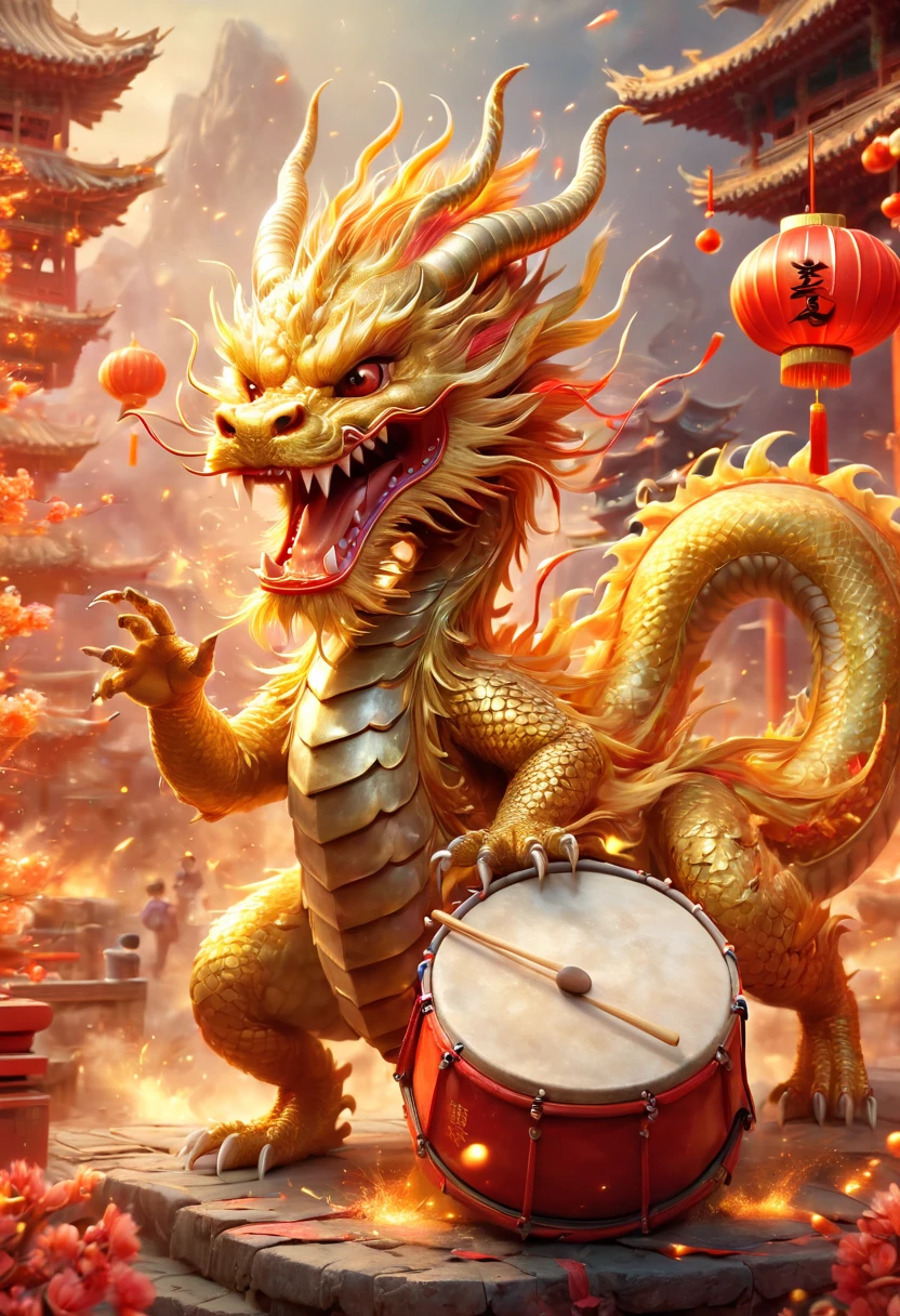 llustrate a single, cute, anthropomorphic Chinese golden dragon using its claws to vigorously play a large drum, which is decorated with the Chinese character \u798f (Fu) for fortune. The background should depict a festive and joyous Chinese New Year atmosphere, complete with traditional Chinese architecture, fireworks, firecrackers, lanterns, and Spring Festival couplets. Focus on the dynamic movement of the golden dragon playing the drums, capturing its joyful and delighted facial expression，卡通片, (皮克斯风格), 日本动画片, (8k, 有趣的, super detail, anatomically correct, award winning, best quality)