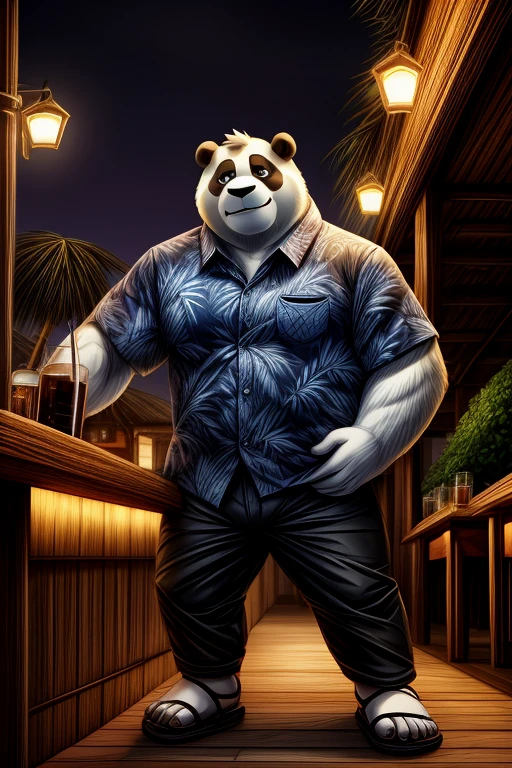 Hyperrealist portrait of three bears: Grizz, Panda and Ice (We bare bears characters, grizzly with fully brown fur, panda with black and white fur, ice bear with fully white fur), in a Hawaiian shirts, wearing long pants, wearing sport sandals, nice detailed feet paws with claws, drinks whiskey, drunk, sleepy, on beach, near beach bar, night, BREAK, hi res, detailed background, 8k hd, (dark shadows, wide dynamic range, hdr, low light:1.2), （Dynamic angles and pose:1.2)