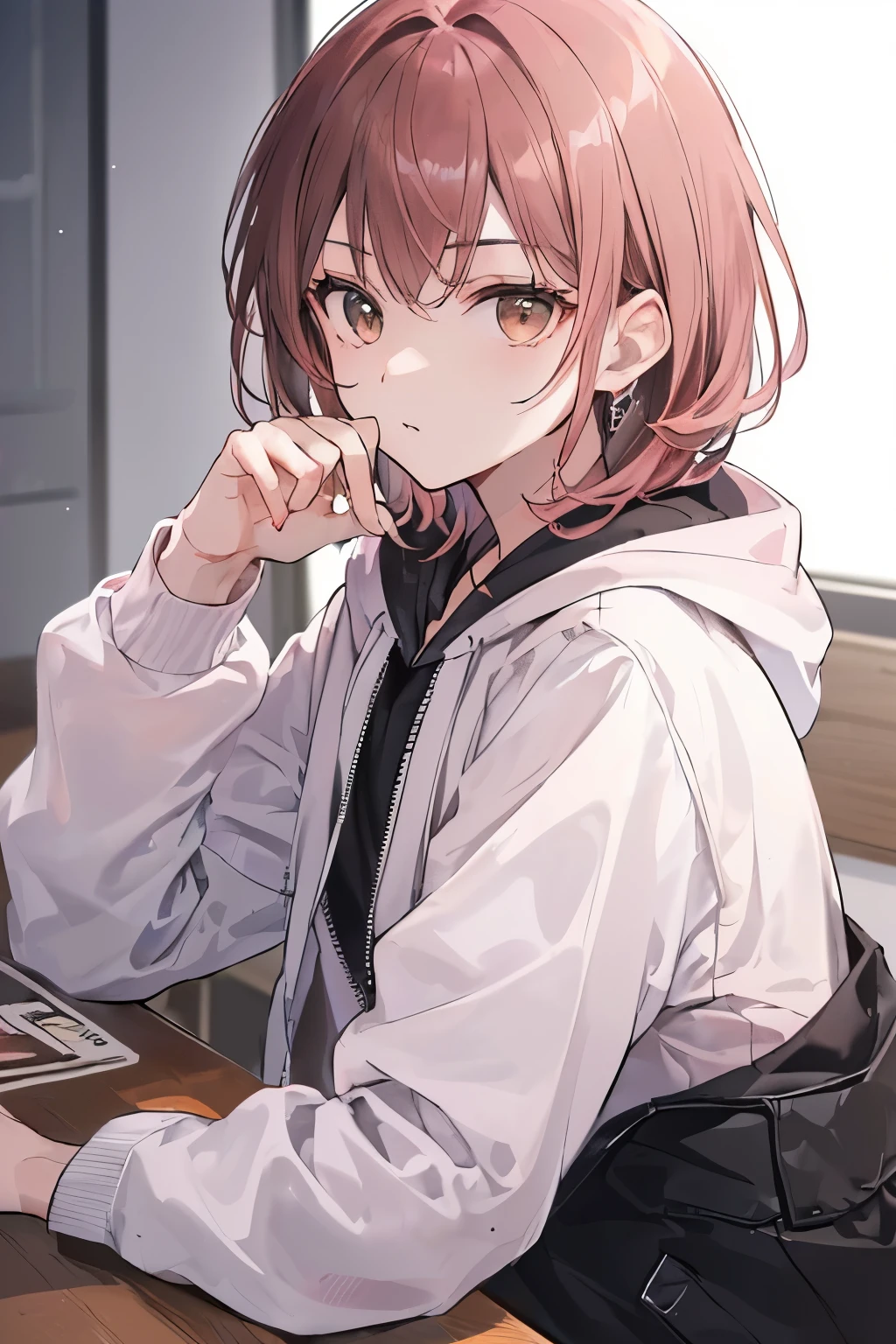((highest quality)), ((table top)), ((perfect face)), ((Boy with a cute face)), ((cool look)), ((pink brown hair)), ((white hoodie and black blouson)), ((Face photo upload only)), ((Handsome guy)), ((Calm)), ((bangs)), ((despise)), ((simple)), ((One Boy)), ((look at the camera), ((fashionable clothes)), ((front))