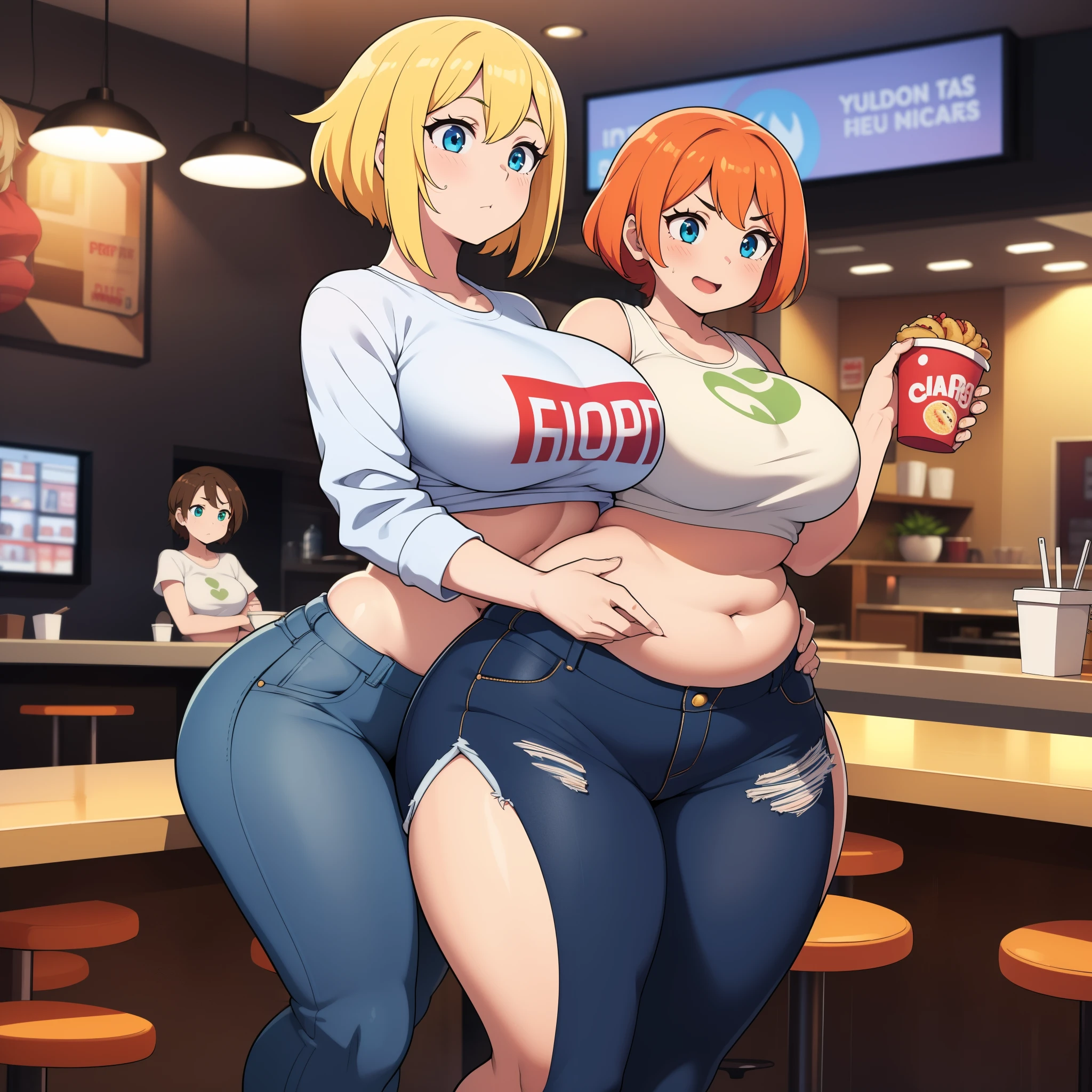 ((highres)), Masterpiece, high quality, best quality, beautiful, perfect lighting, detailed face, ultra cute face, ((2girls)), one girl has blonde hair, blue eyes, crop top and shorts, one girl has orange hair, green eyes, jeans, white shirt, jacket, thighs clothes, fast food restaurant, medium breasts, perky breasts, ((wide hips)), (thick thighs), (pudgy), standing next to each other,