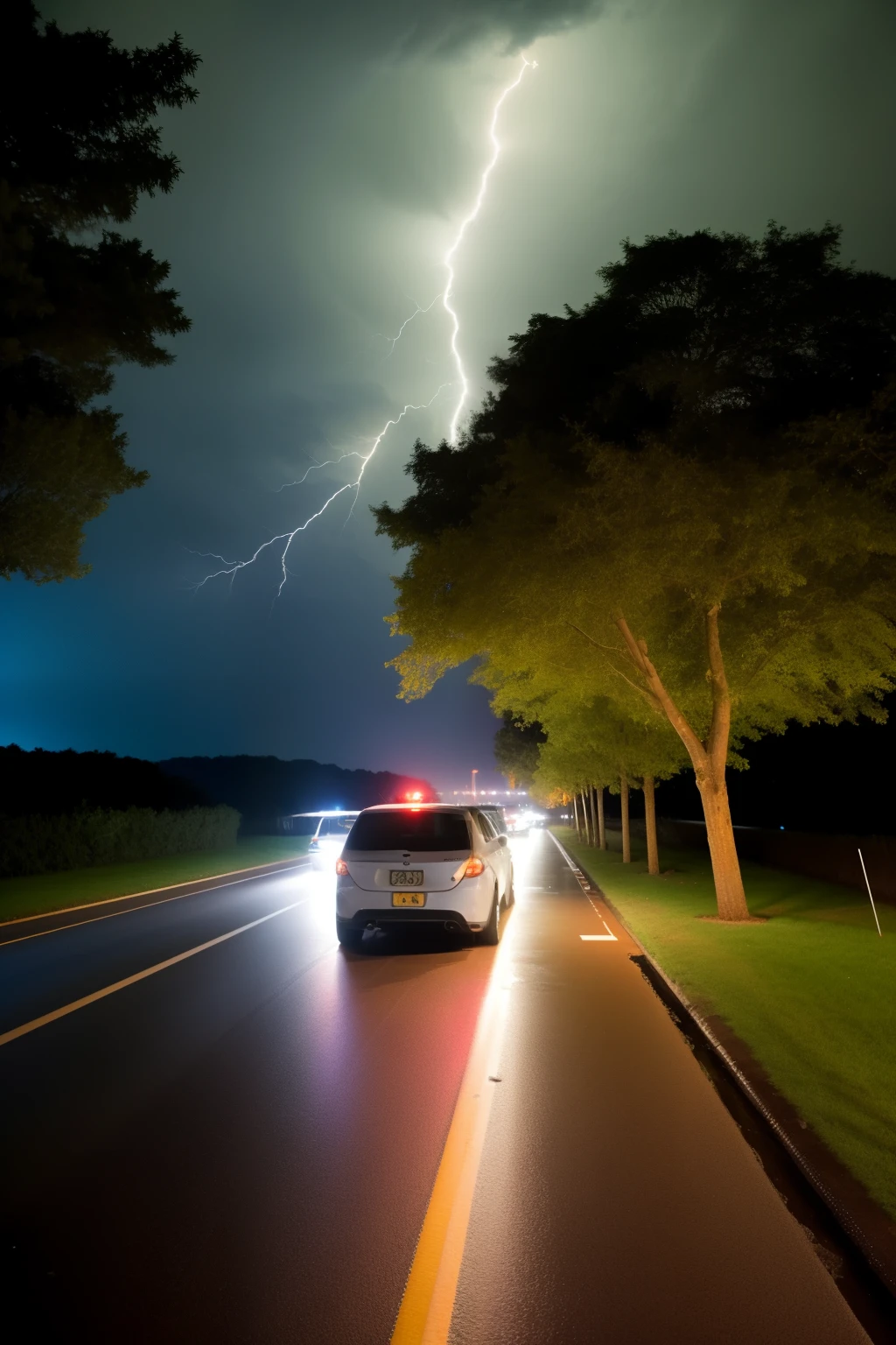 A dramatic scene unfolds as a lightning strike illuminates the night sky, its brilliant flash cutting down a towering tree behind an automobile. The tree, once a symbol of strength and stability, now lies shattered and obstructing the path ahead. The car's headlights illuminate the chaotic scene, casting long, ominous shadows on the wet pavement. The sudden and unexpected obstruction creates a sense of danger and uncertainty, as the driver is forced to assess the situation and find an alternate route. This stunning and intricately detailed painting, masterfully crafted by the brush of Alberto Seveso, captures the raw power of nature's fury, while utilizing a loose painting style to