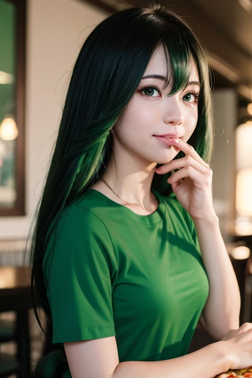 hyper realistic, 1girl, teen, beautiful face, perfect, white skin, looking at viewer, on the restaurant, on a date, eating pizza, upper body, smile, green hair, asui_tsuyu, black eyes, hair rings, low-tied long hair, green shirt, tongue, 