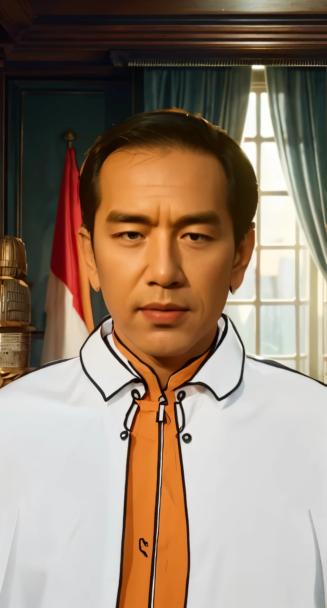 Real life adaption of this character, handsome man,wear realistic same outfit, wear orange shirt with white cloak that has collar, realistic same background,realism, hyper realistic, realistic light, realistic shadow,(photorealistic 1:2)