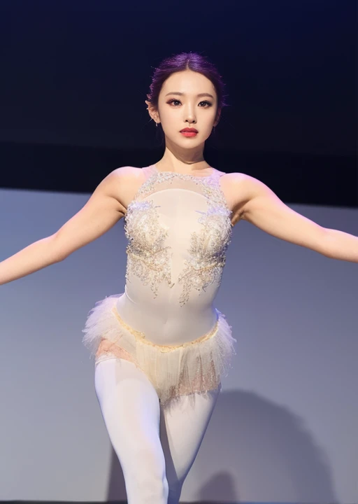 ballerina costume、Transparent、Take the stage、Posing、open chest、Nothing is worn inside、full body shot、A woman with the same face as last time(misaki),4K、1people's women、slender、 Loose wavy styling 、seductive and attractive,Including face and skin texture,detailed eyes、a seductive look