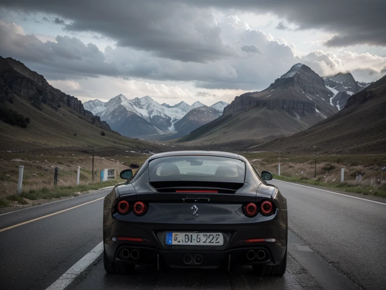 A Ferrari car on a long drive on road
Between two mountains dark cloud rainy weather,full beautiful view