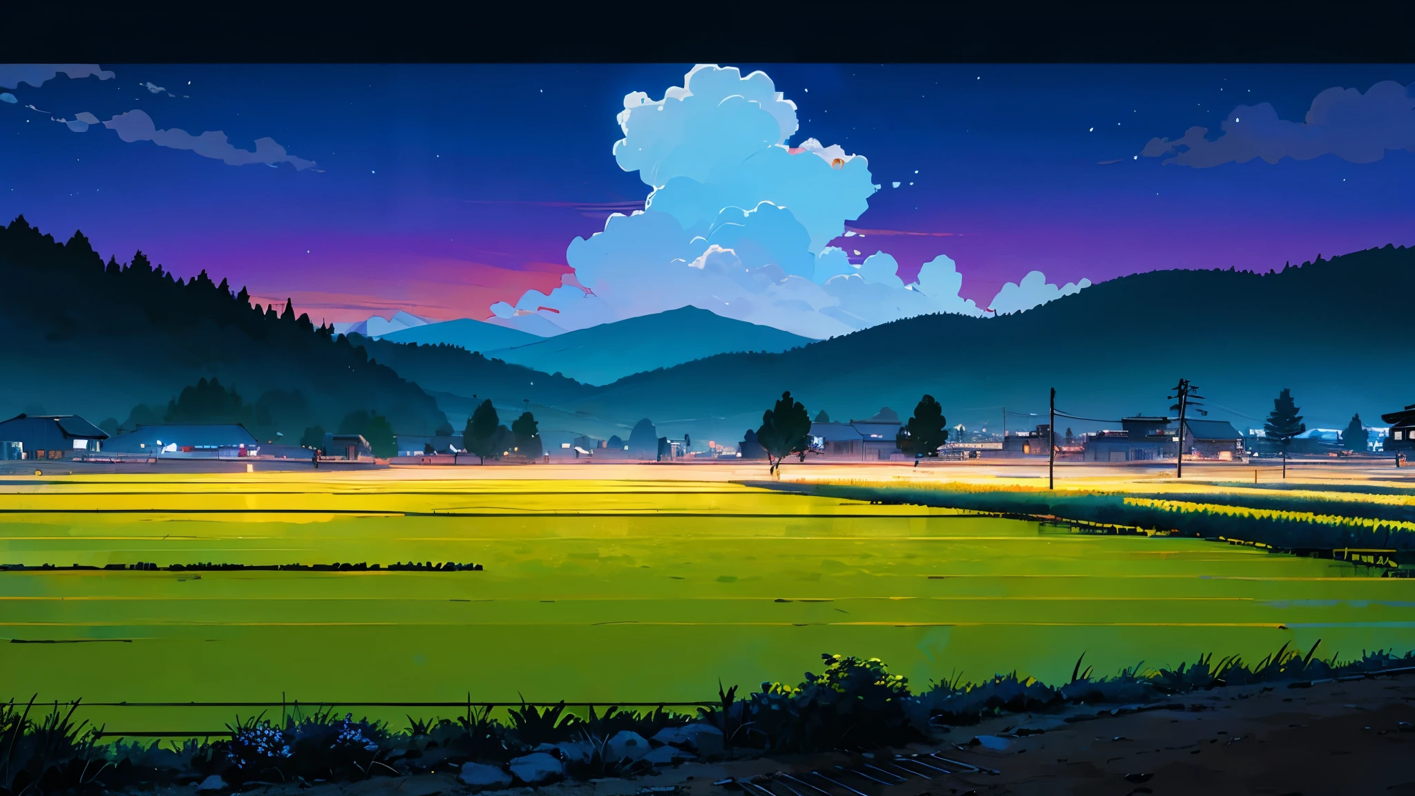 masterpiece, night time, anime background, animation style, makoto shinkai, rice fields, mountains, night clouds