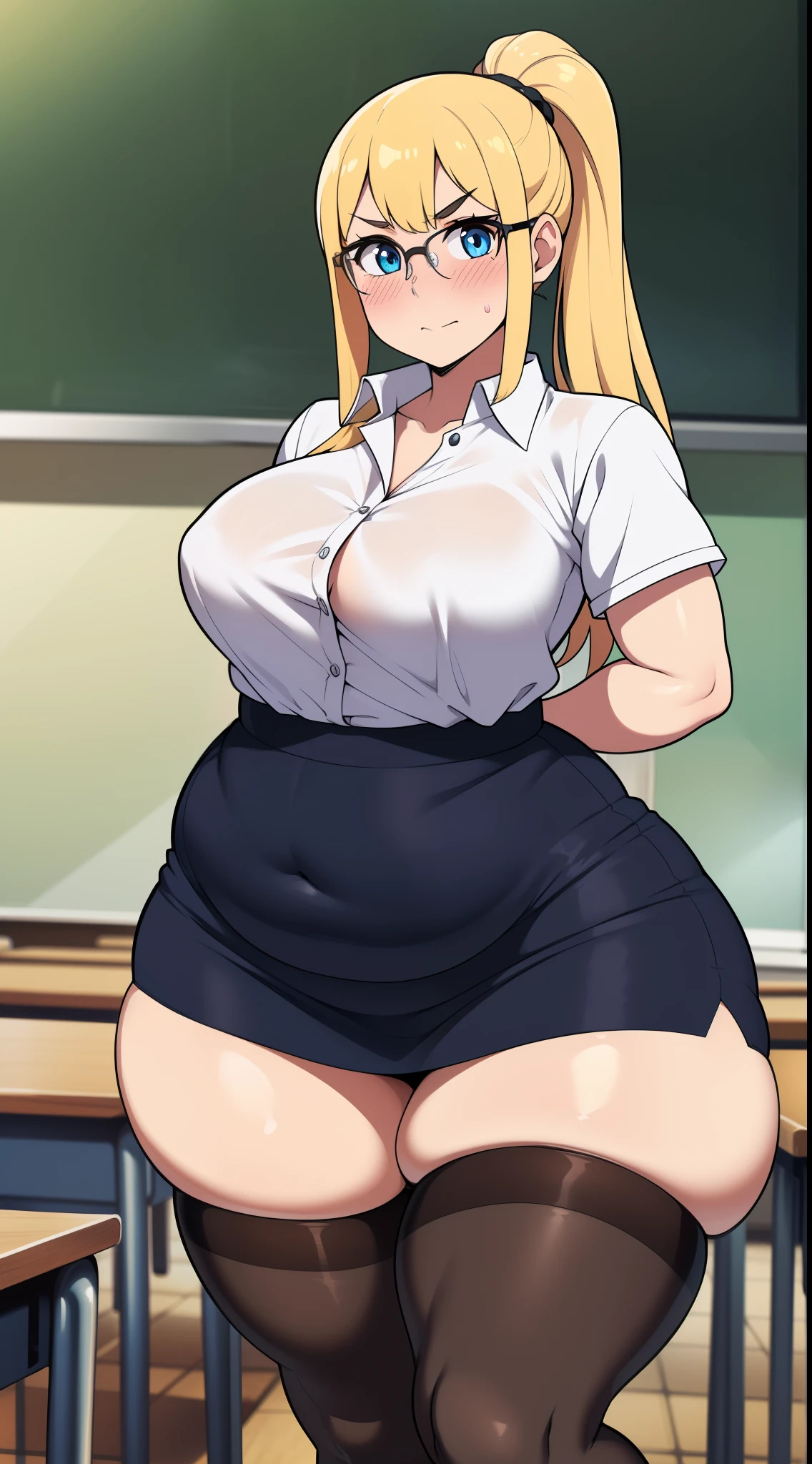 ((highres)),Masterpiece, high quality, best quality, beautiful, perfect lighting, detailed face, ultra cute face, ((1girl)), ((solo), long blonde hair, ponytail, blue eyes, glasses, ((blush)), nervous, masochist, looking at viewer, arms crossed, standing in a classroom, (classroom), daytime, dress shirt, pencil skirt, ((thigh highs)), ((wide hips)), ((thick thighs)), big butt, ((chubby)), medium breasts, perky breasts, 24 year old female,