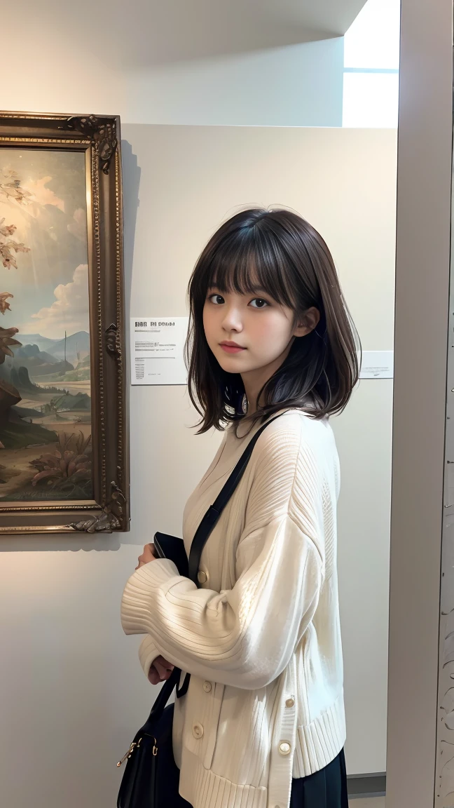 A 20-year-old woman visiting an art gallery。She has short black wavy hair with bangs、He wears sophisticated clothes、Walking around admiring works of art。