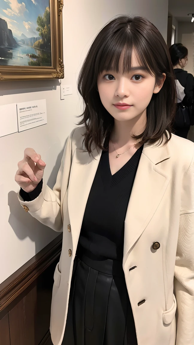 A 20-year-old woman visiting an art gallery。She has short black wavy hair with bangs、He wears sophisticated clothes、Walking around admiring works of art。