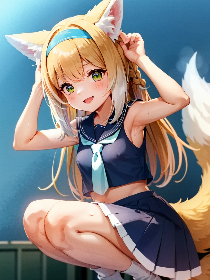 (best quality,highres,masterpiece:1.2),ultra-detailed, 1 girl, harmonious finger proportions, shiny skin, evil smile,  girl, arms up, armpits, sweat, steam,arms behind head,squatting,serafuku,thick thigh,covered nipples, pleated skirt, fox_ears, animal_ears, blonde_hair, bangs, fox_girl, green_eyes, hairband, animal_ear_fluff, fox_tail, tail, blue_hairband, multicolored_hair, multiple_tails, white_hair, braid, hair_rings, smile, infection_monitor_\(arknights\), kitsune, upper_body, blush, hair_between_eyes