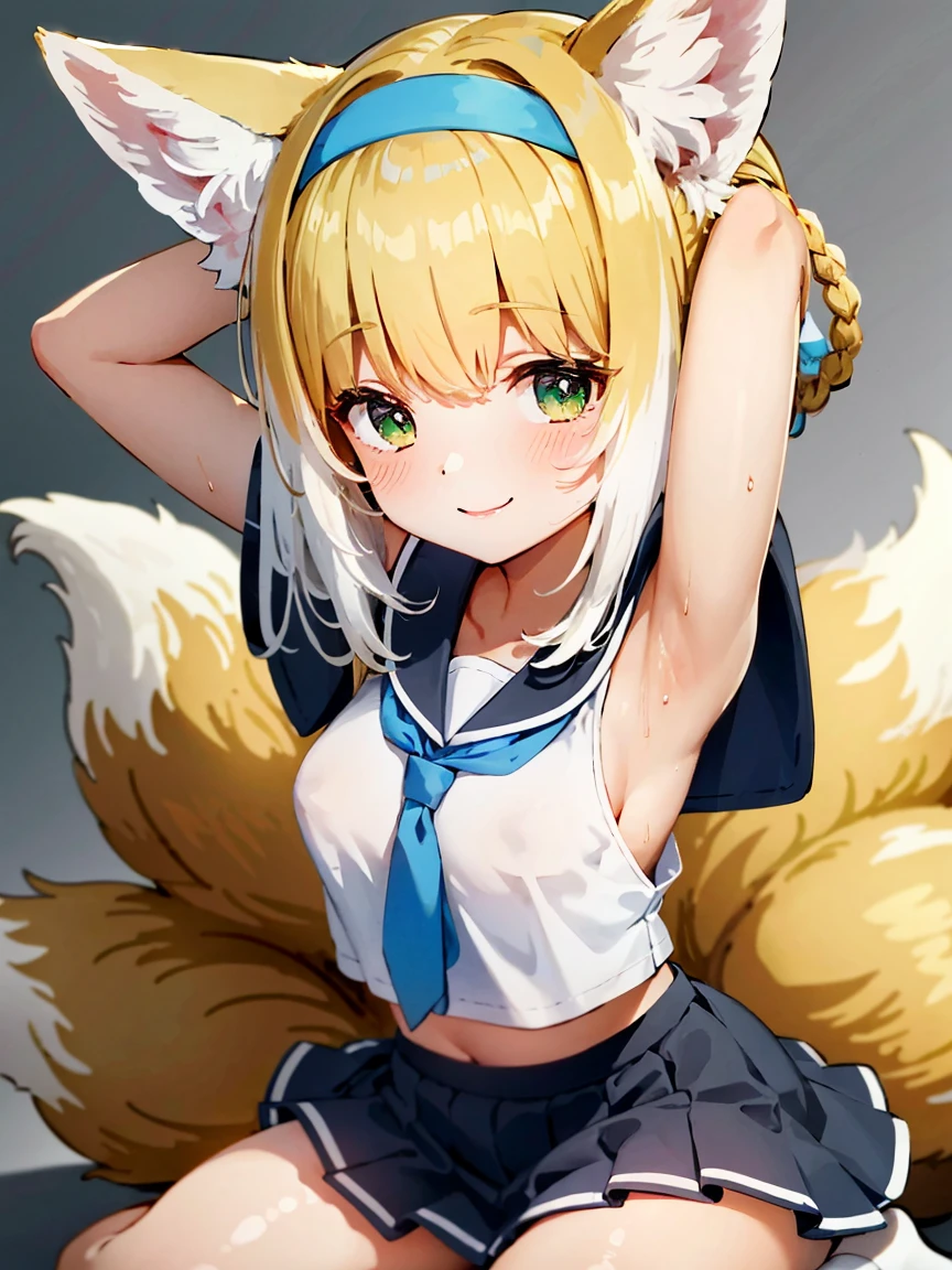 (best quality,highres,masterpiece:1.2),ultra-detailed, 1 girl, harmonious finger proportions, shiny skin, evil smile, ***********, arms up, armpits, sweat, steam,arms behind head,squatting,serafuku,thick thigh,covered nipples, pleated skirt, fox_ears, animal_ears, blonde_hair, bangs, fox_girl, green_eyes, hairband, animal_ear_fluff, fox_tail, tail, blue_hairband, multicolored_hair, multiple_tails, white_hair, braid, hair_rings, smile, infection_monitor_\(arknights\), kitsune, upper_body, blush, hair_between_eyes