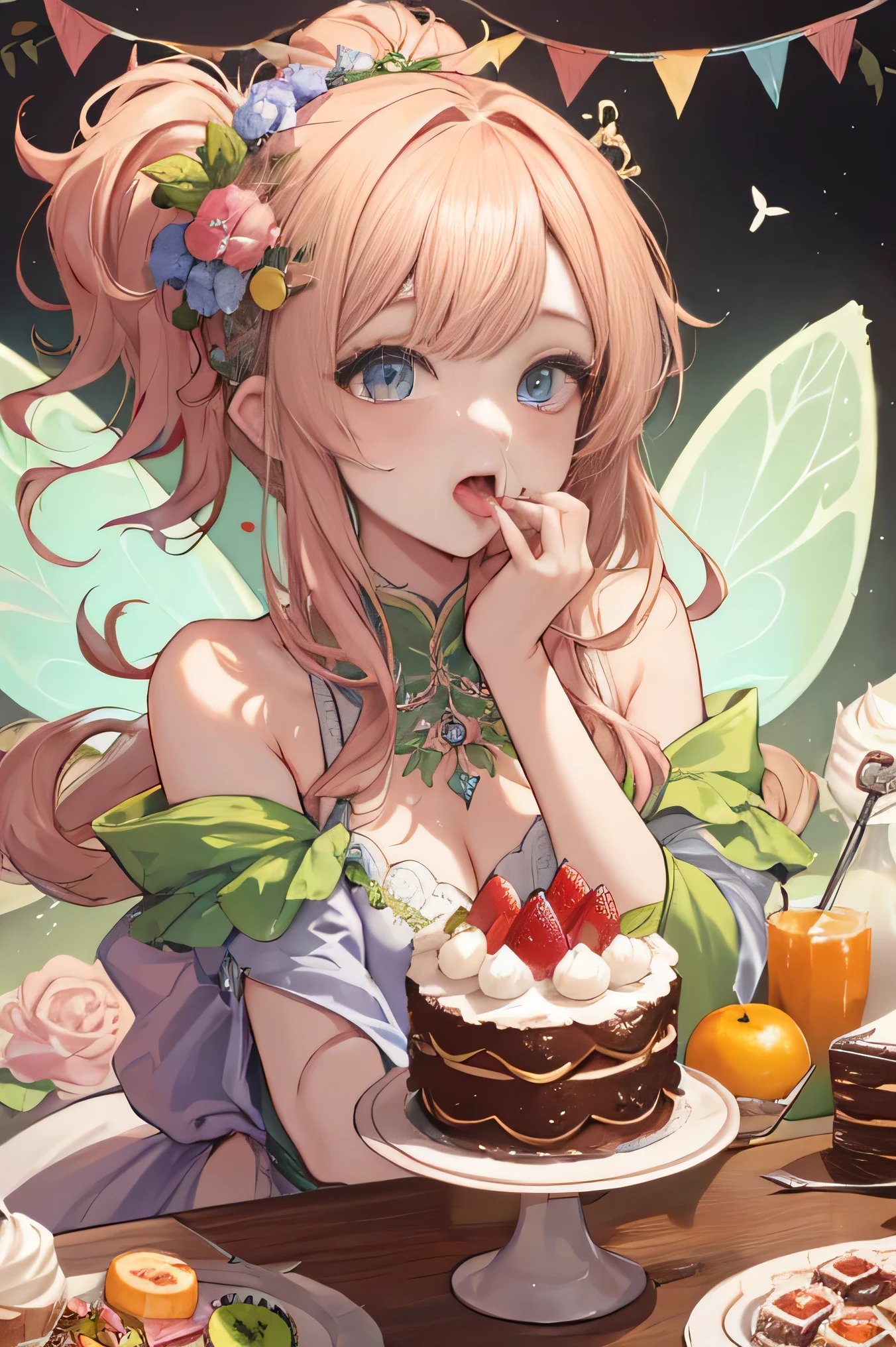 highest quality、High resolution、8K、cute beauty、detailed background、beautiful and detailed face、beautiful and smooth skin、skin texture、 Fairy、、(three fairies)、fruit and food costumes、fruit and candy costume、Gives a colorful and cute impression。they happily eat cakes and sweets.