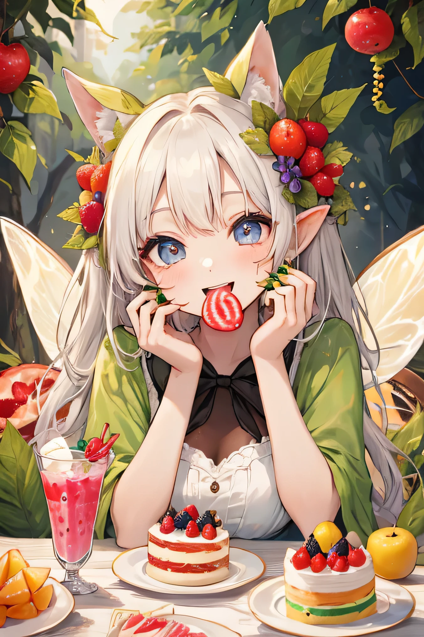 highest quality、High resolution、8K、cute beauty、detailed background、beautiful and detailed face、beautiful and smooth skin、skin texture、 Fairy、、(three fairies)、fruit and food costumes、fruit and candy costume、Gives a colorful and cute impression。they happily eat cakes and sweets.