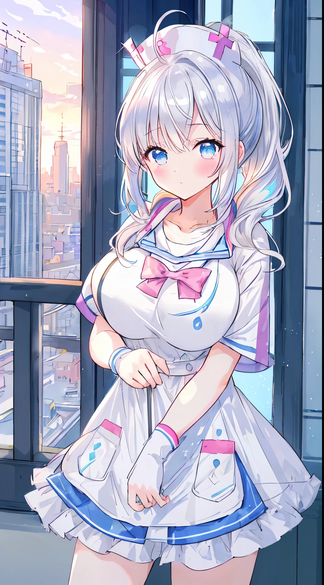 Masterpiece、ultra high resolution:1.3、8K、1 female、solo:1.3、whole body、The style is very good.、White-silver hair、blue tips of hair、Rainbow、Four-color color:1.3、ponytail、big breasts、Hooded drop shoulder casual T-shirt、cute、close、blush、shyness、Light pointing、city、many buildings、beautiful sky、sunrise、Wear a hat