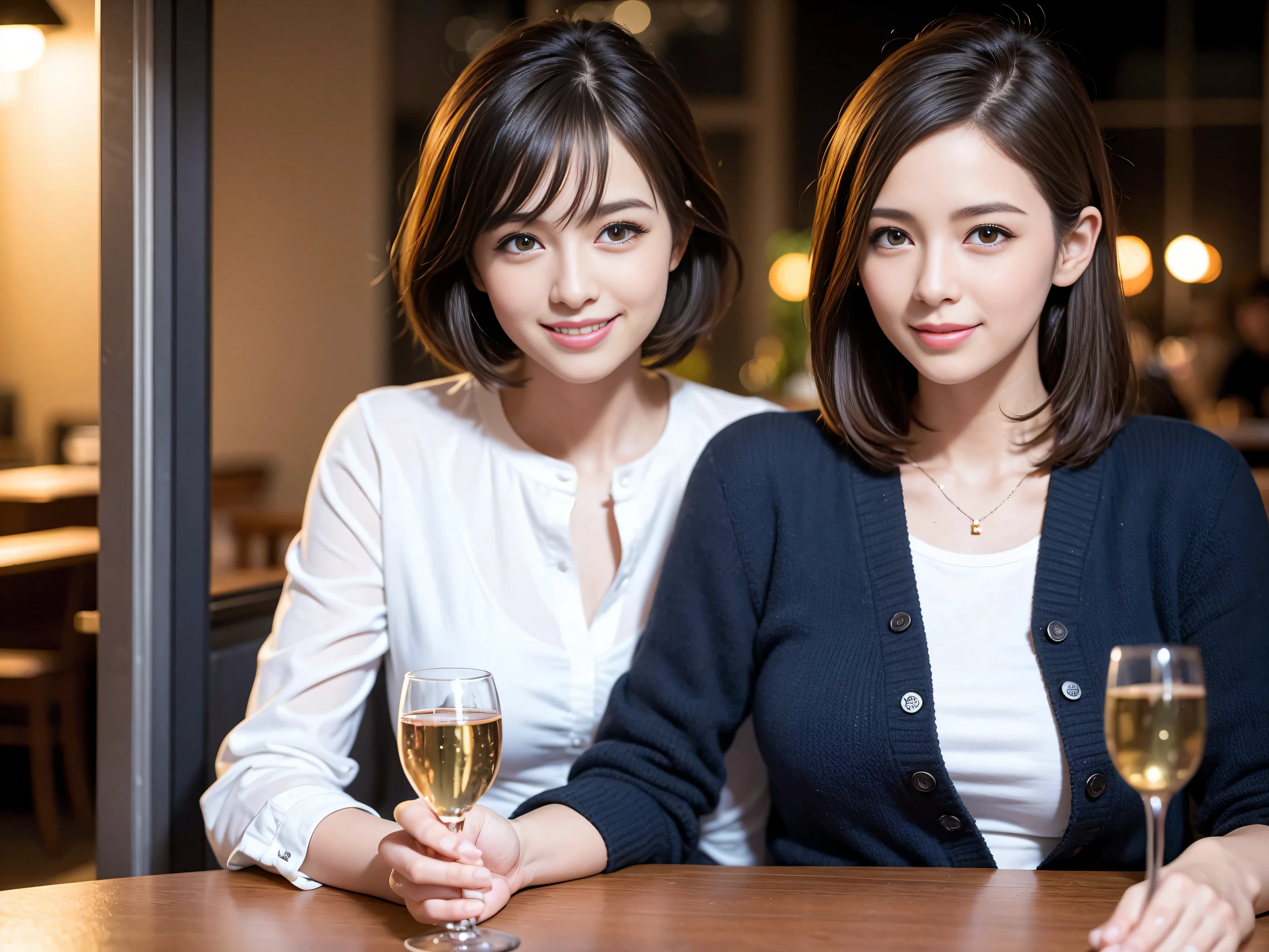 64k, UHD, highest quality, masterpiece: 1.2), (realistic, photorealistic: 1.37), Super detailed, slimな美女3名, (slimフェイス),Happy、 最高なsmile、Fox Face、Berry Short、(because I'thin), (brown hair), (shortcut), long sleeve shirt、winter fashion、Colombia、Brazilian、Japanese、Dutch、German、Portuguese、Belgian、Italian、french,champagne、Sparkling wine、 (gush), (slimボティ), (brown hair), (shortcut), Neat beauty、cheeks blush a little, (35 years old), 38 years old, alone, A beautiful and detailed night view spreads out outside the window..., restaurant, wine glassが座っている, At night, in a prominent place (from the Upper body) nova frog style, actress, model, Upper body, White wine, slim, wine glass, very beautiful night view, wine glass Put in the Middle, Happy smile, (smile: 1.15),
